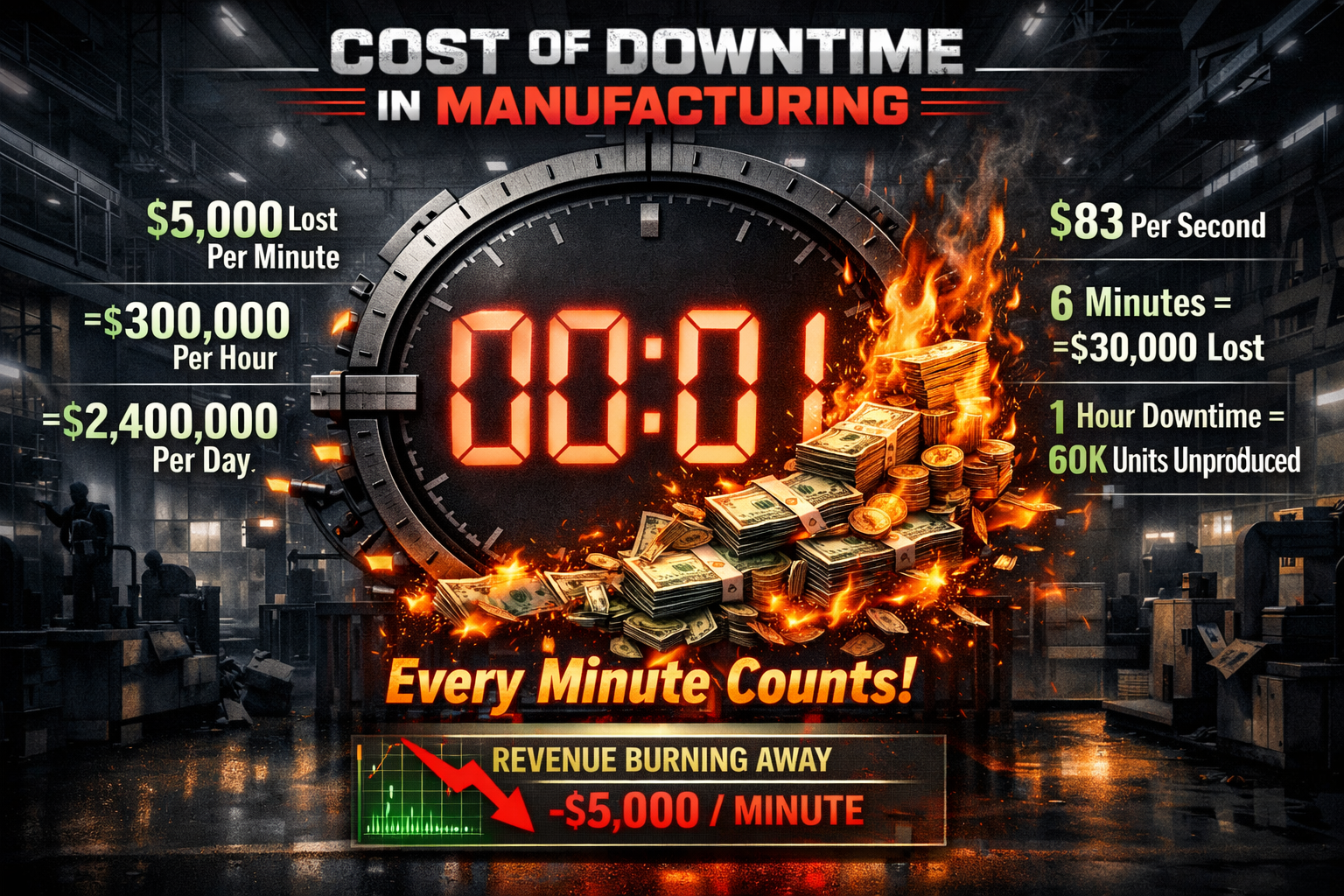 Financial impact visualization of manufacturing downtime: Dramatic infographic showing a massive digital clock where each passing minute vis