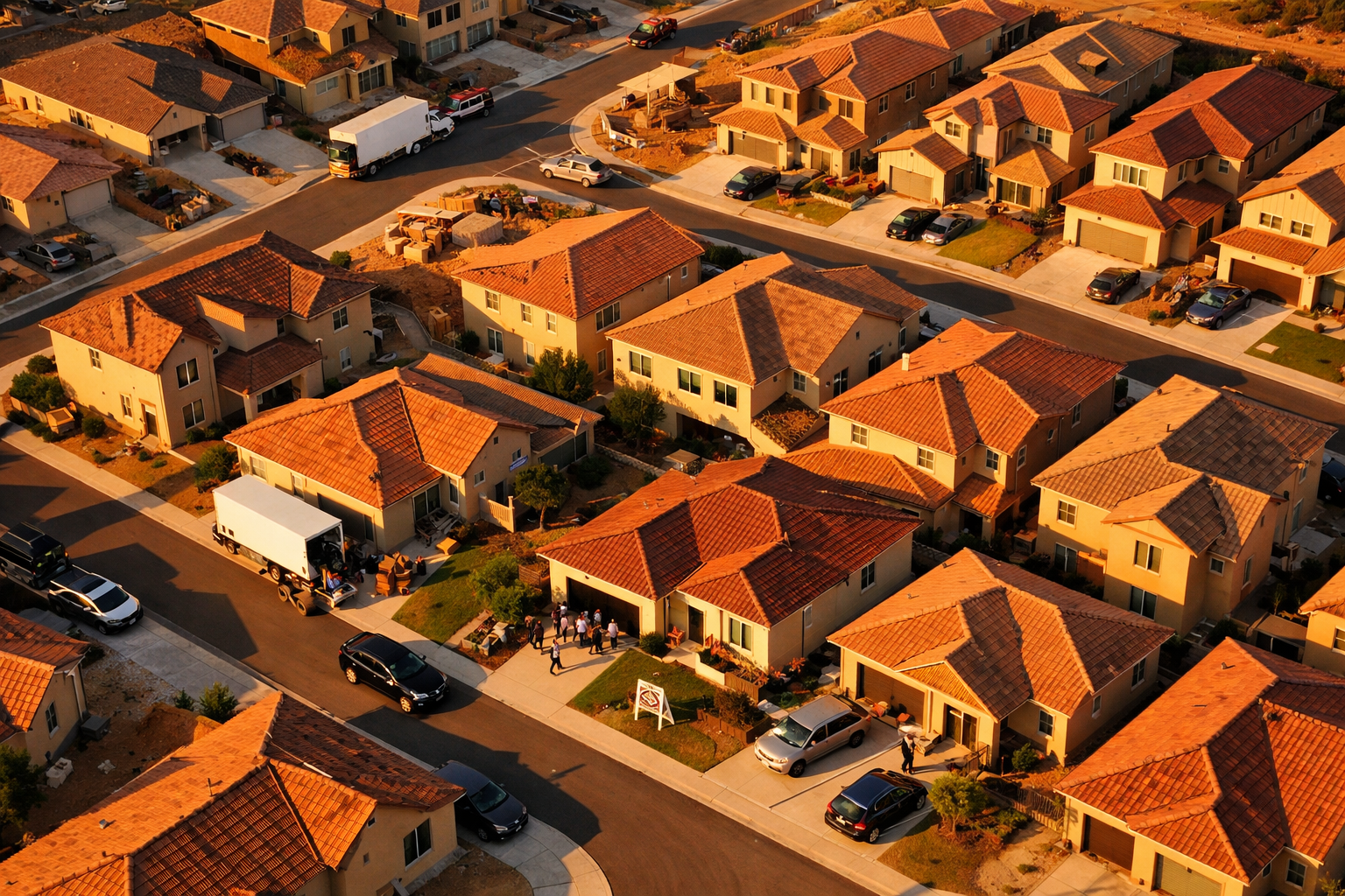 Aerial drone perspective looking down at a vibrant Sun Belt neighborhood in Texas or Florida showing new construction