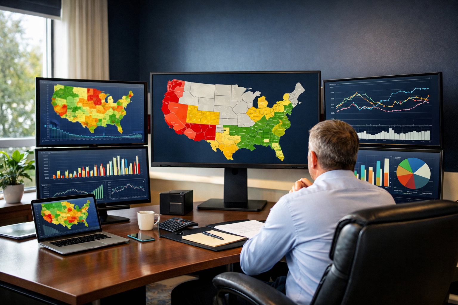 Wide-angle editorial photograph of a real estate investor sitting at a modern desk surrounded by multiple monitors