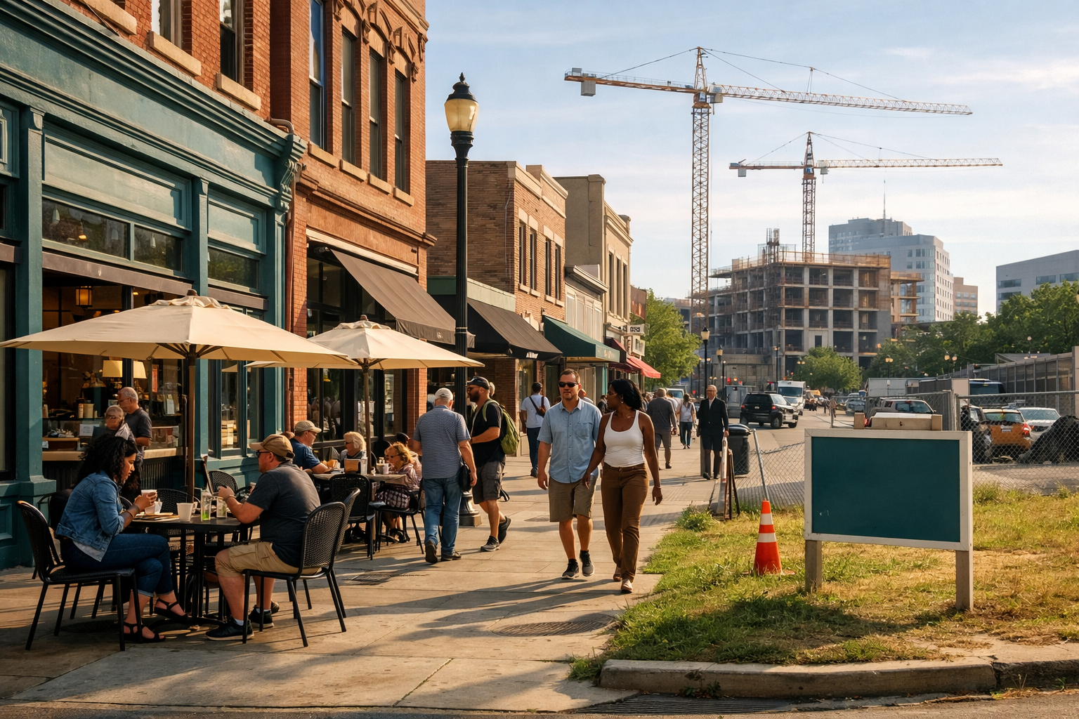 Street-level perspective of a mid-sized emerging U.S. city showing a mix of renovated historic storefronts, new apartment