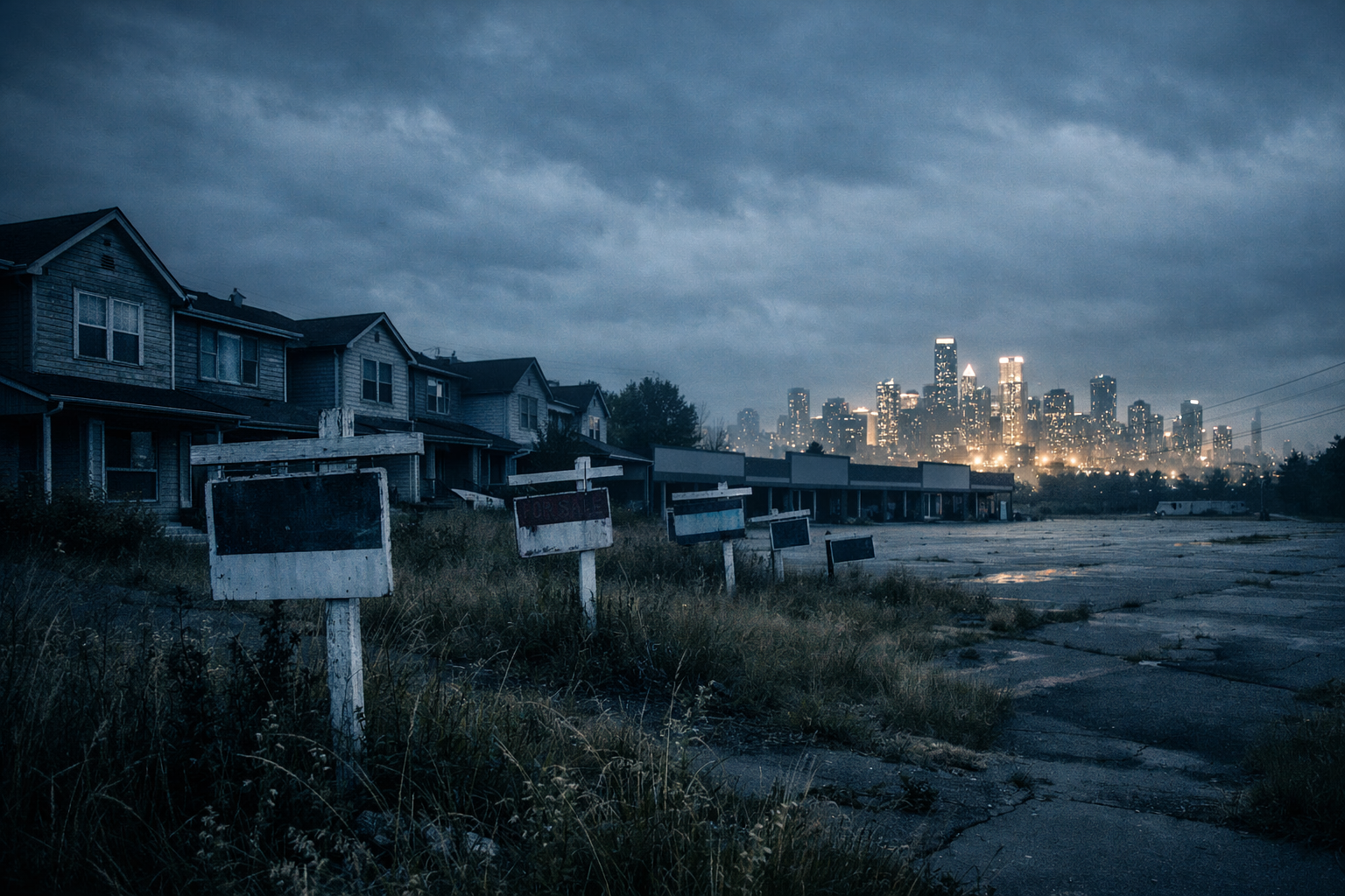 Dramatic wide-angle shot of a declining or overpriced real estate market &mdash; a row of stale listings with weathered for-sale