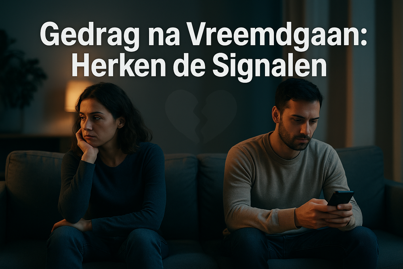 Professional landscape hero image (1536x1024) featuring bold text overlay 'Gedrag na Vreemdgaan: Herken de Signalen' in extra large 72pt whi