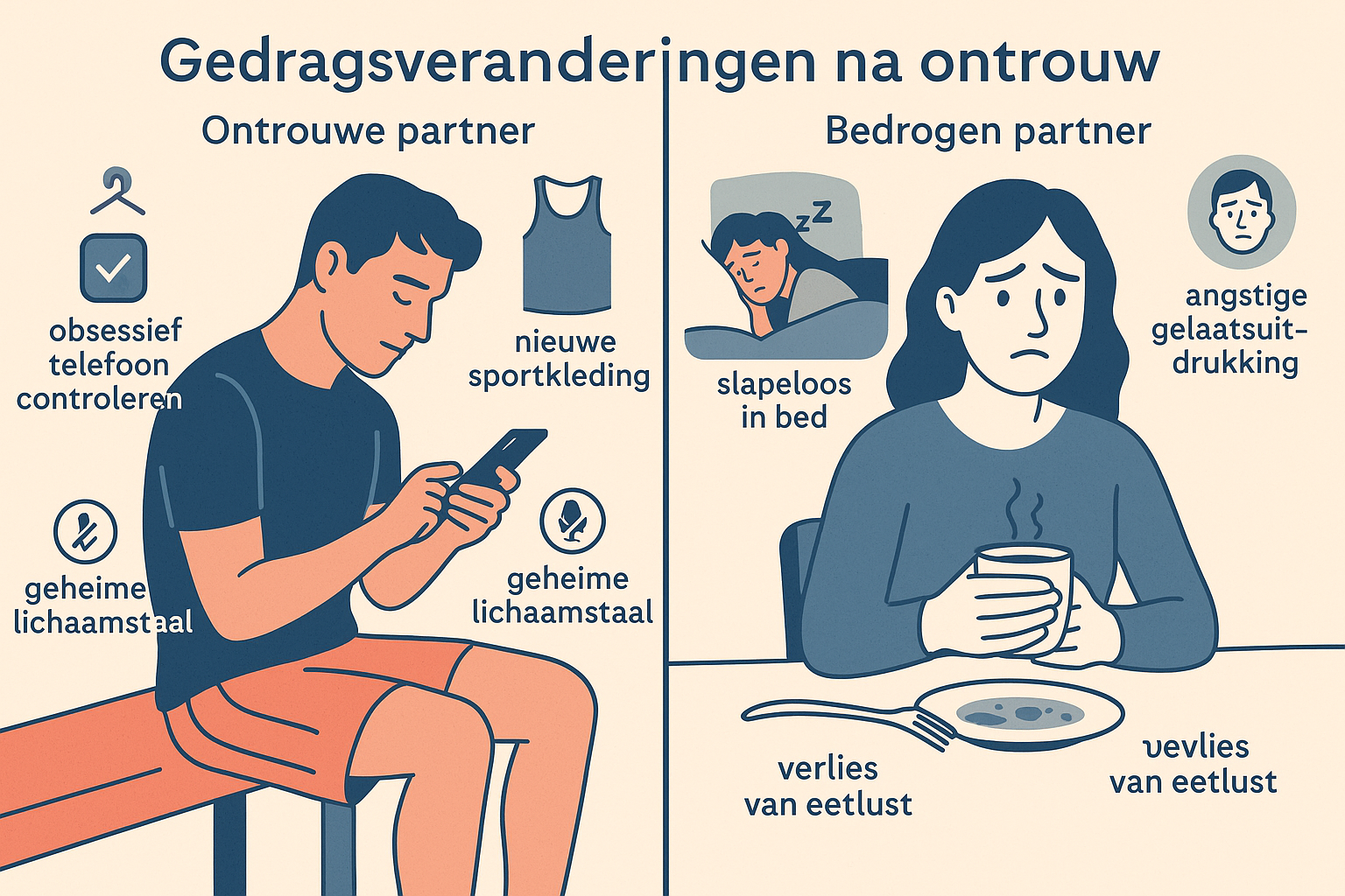 Detailed landscape illustration (1536x1024) showing split-screen comparison of behavioral changes after infidelity. Left side: unfaithful pa