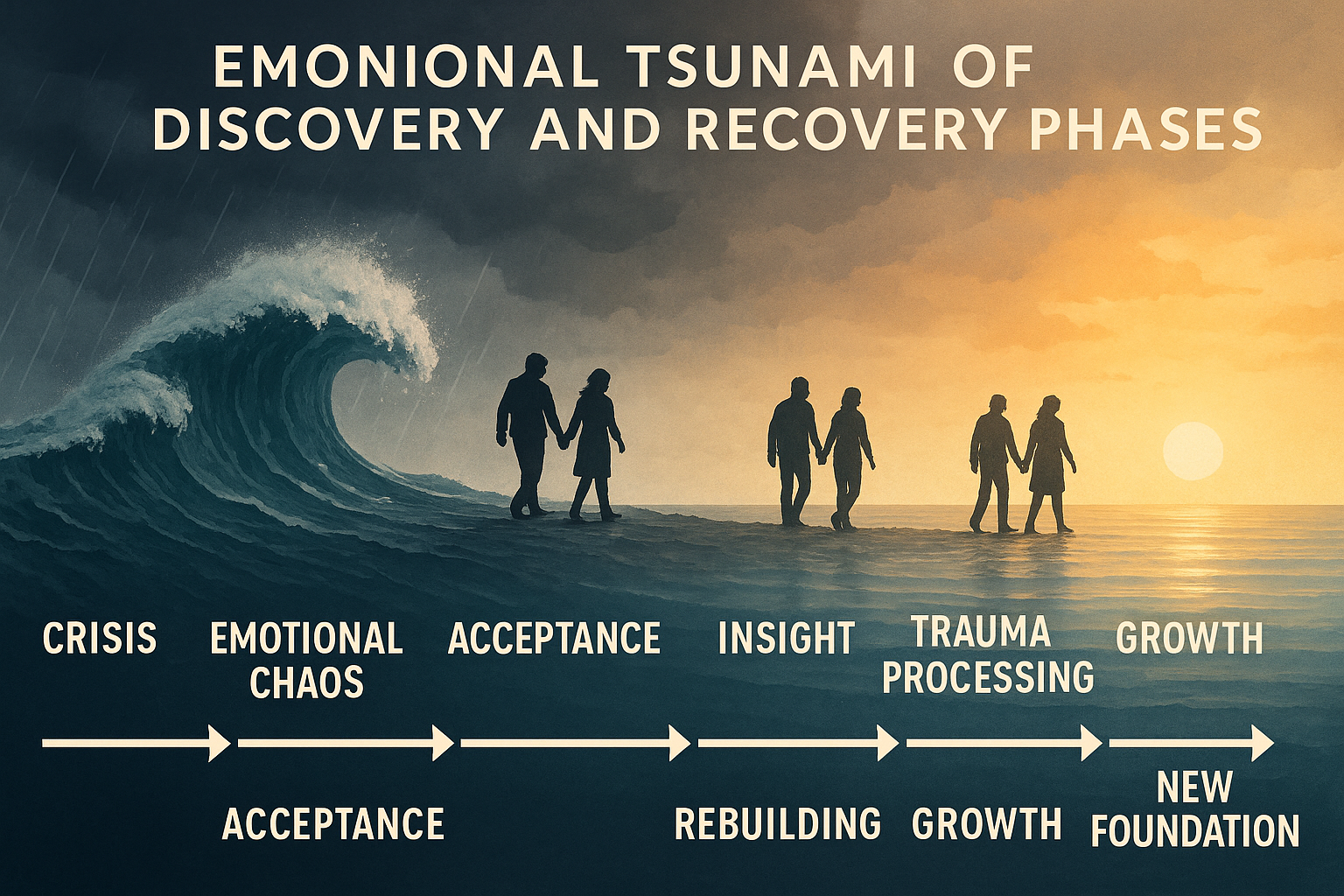 Landscape conceptual illustration (1536x1024) depicting the emotional tsunami of discovery and recovery phases. Visual metaphor of stormy oc