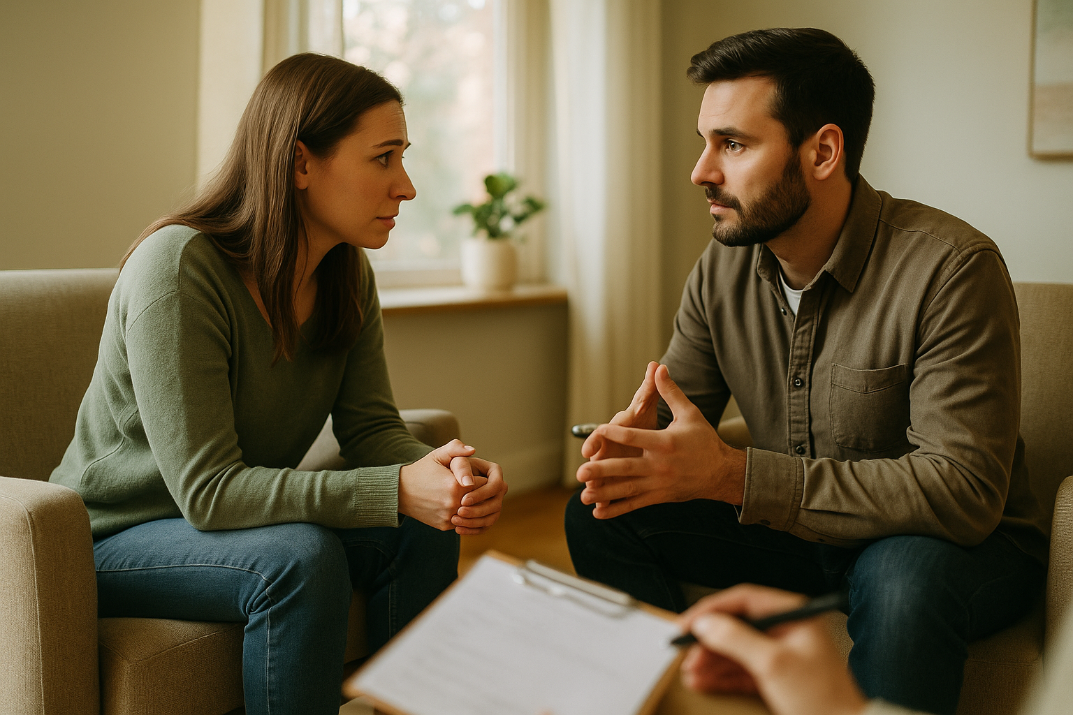 Professional landscape photograph (1536x1024) showing couple in relationship counseling or rebuilding trust scenario. Two people sitting fac