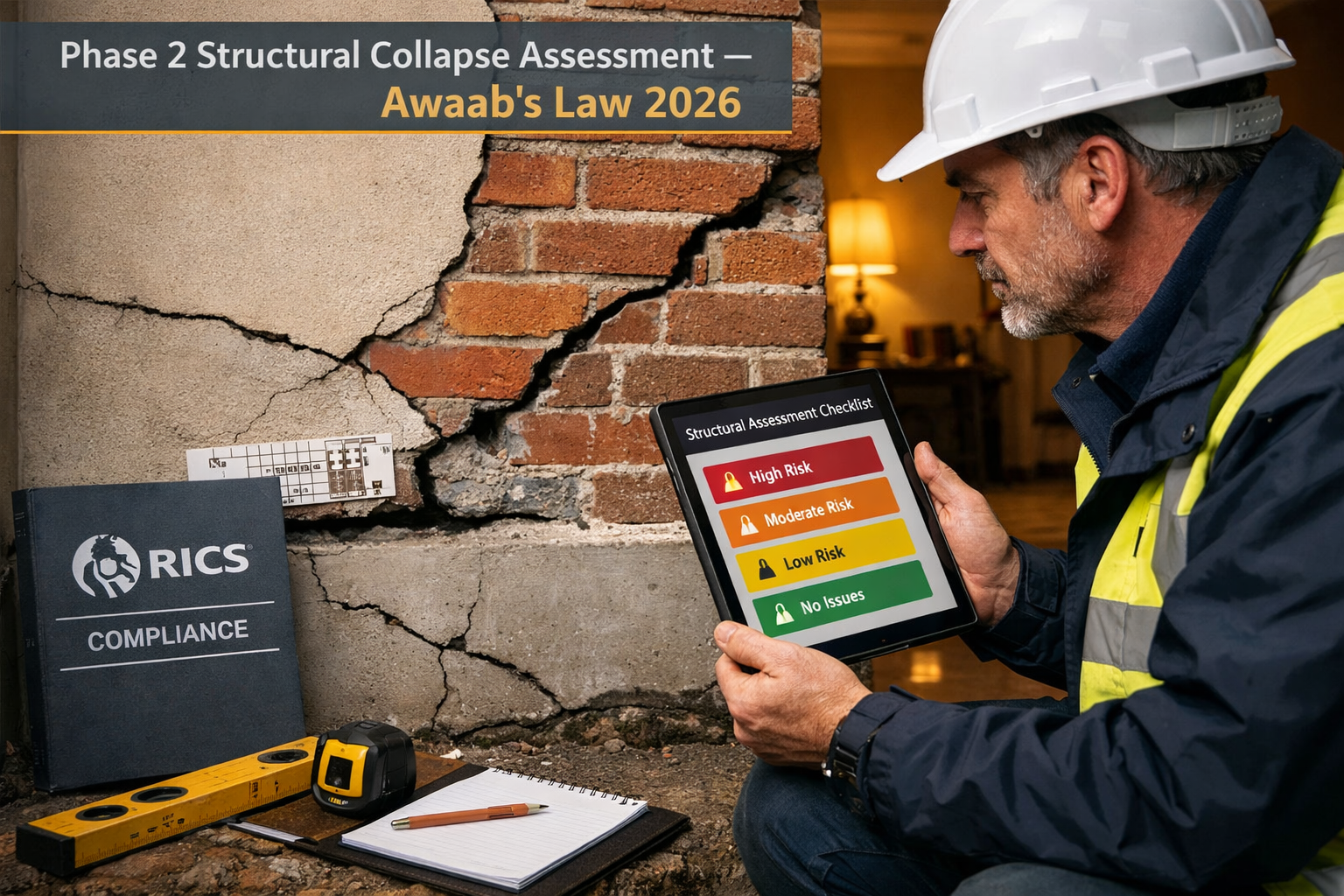 Wide-angle editorial photograph () of a professional building surveyor examining a cracked concrete foundation and