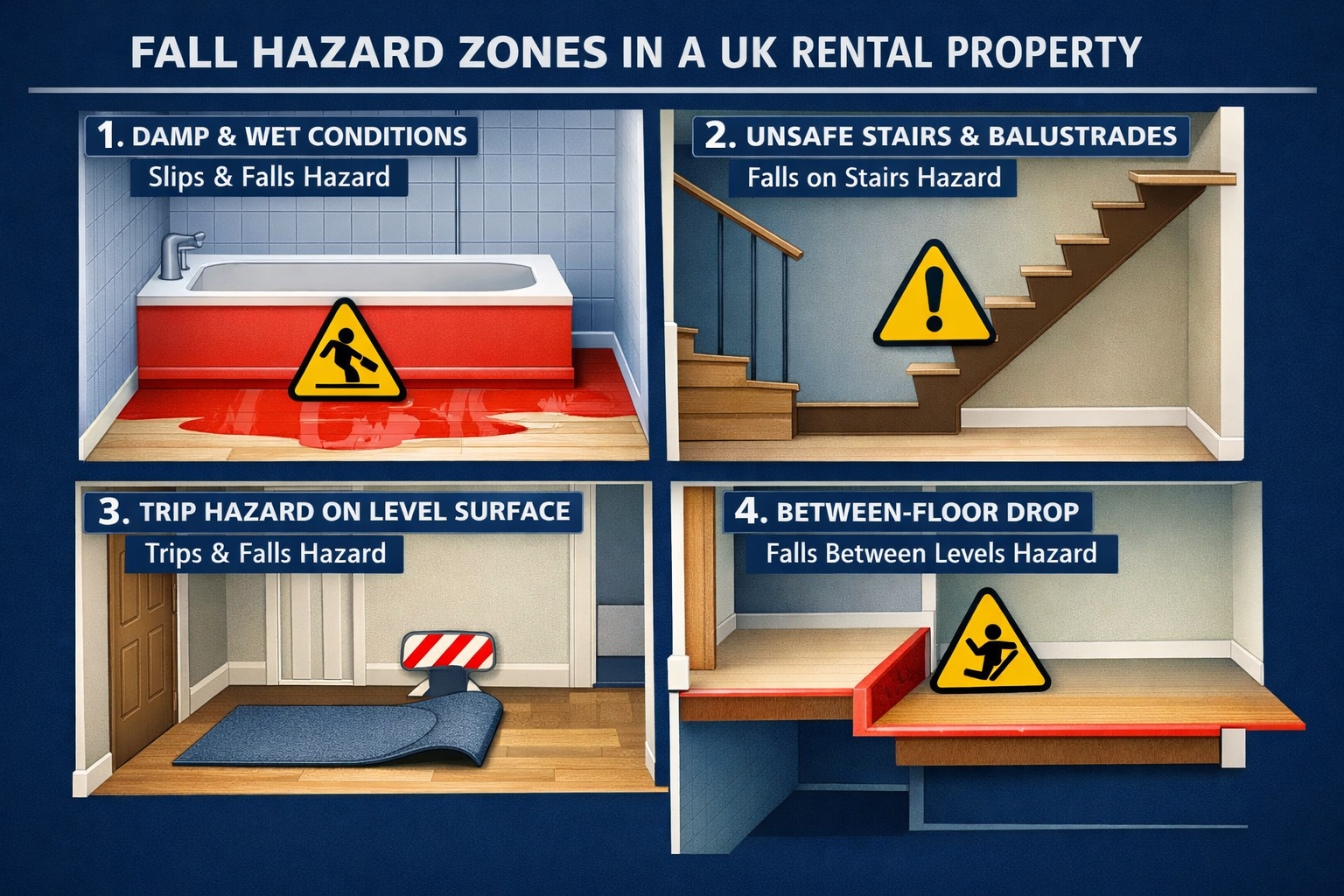 Detailed close-up composite infographic image () showing four fall hazard zones in a cross-section illustration of a UK