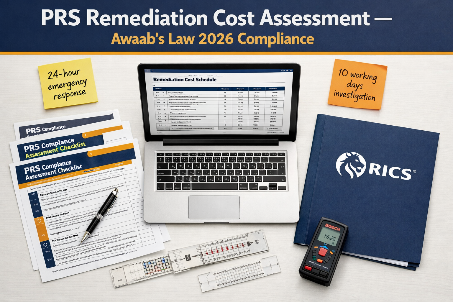 Top-down flat-lay editorial photograph () of a building survey compliance desk setup: printed PRS compliance assessment
