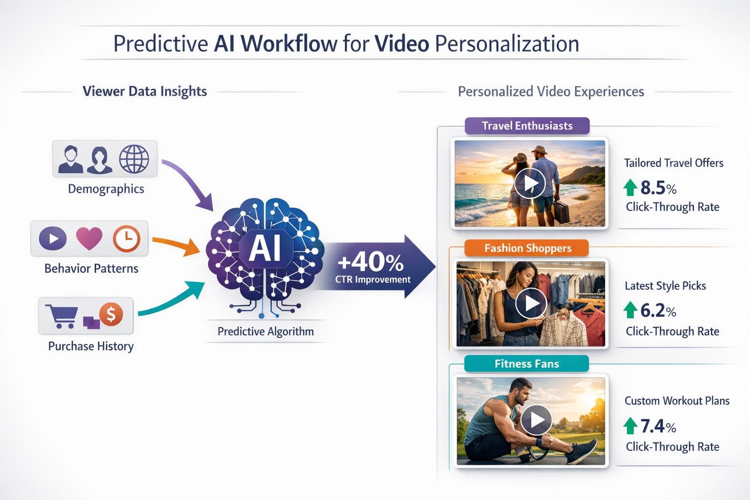 () detailed infographic showing predictive AI workflow for video personalization. Split-screen composition: left side