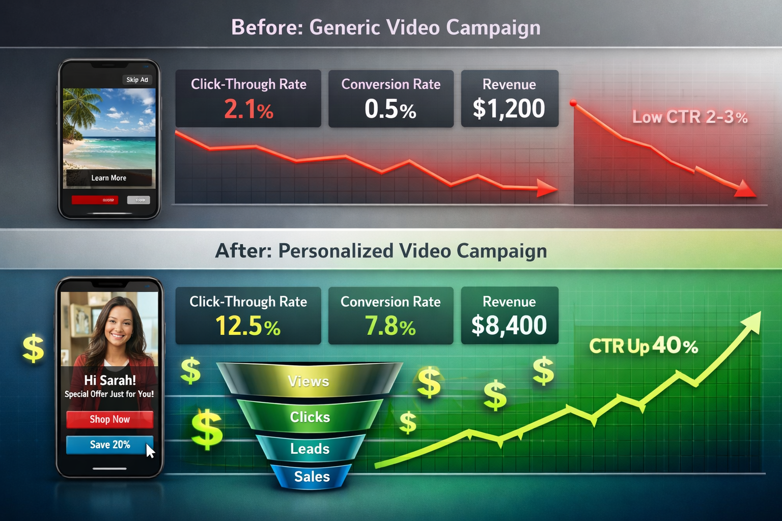 () dynamic visualization of affiliate marketing performance dashboard showing before-and-after comparison. Top half displays