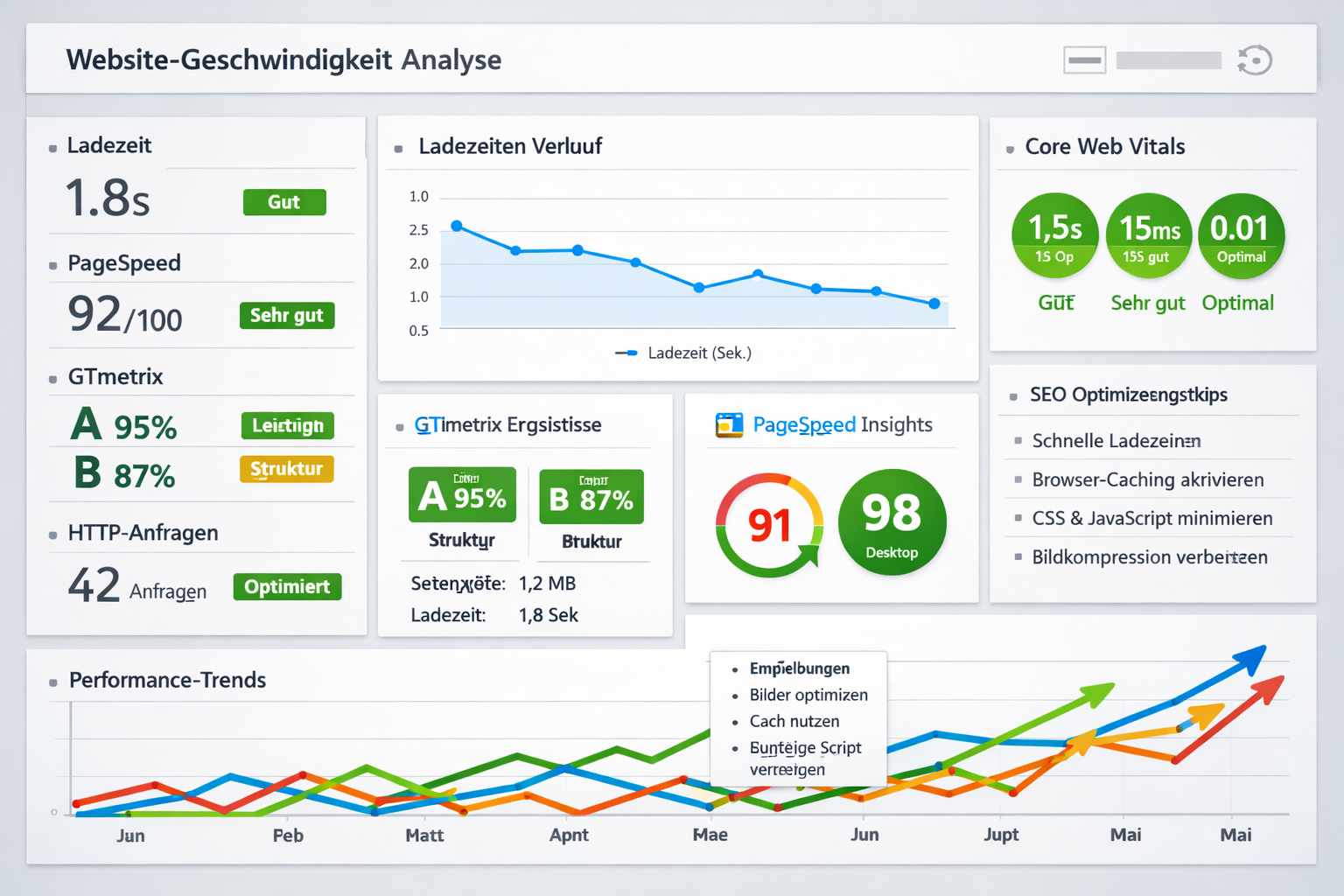 Landscape format (1536x1024) image showing website speed testing dashboard with multiple performance metrics, loading time charts, Core Web - Website Speed Optimierung Agentur 2 Landscape format (1536x1024) image showing website speed testing dashboard with multiple performance metrics, loading time charts, Core Web