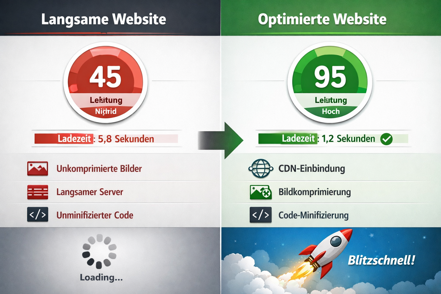 Landscape format (1536x1024) visual comparison showing before/after website optimization results, split-screen design with slow loading site - Website Speed Optimierung Agentur 16 Landscape format (1536x1024) visual comparison showing before/after website optimization results, split-screen design with slow loading site