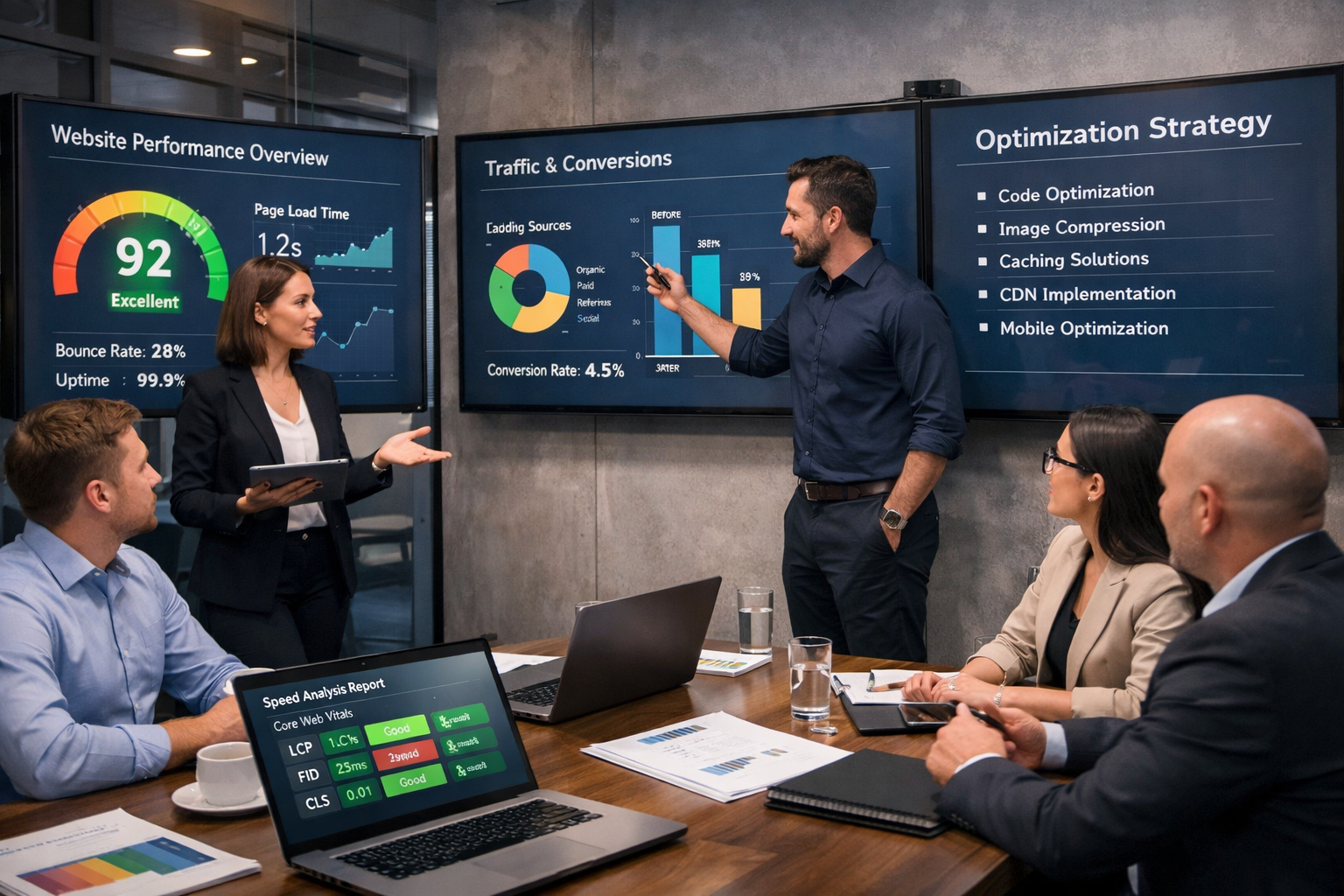 Landscape format (1536x1024) professional consultation scene showing digital agency experts analyzing website performance data on large scre - Website Speed Optimierung Agentur 17 Landscape format (1536x1024) professional consultation scene showing digital agency experts analyzing website performance data on large scre