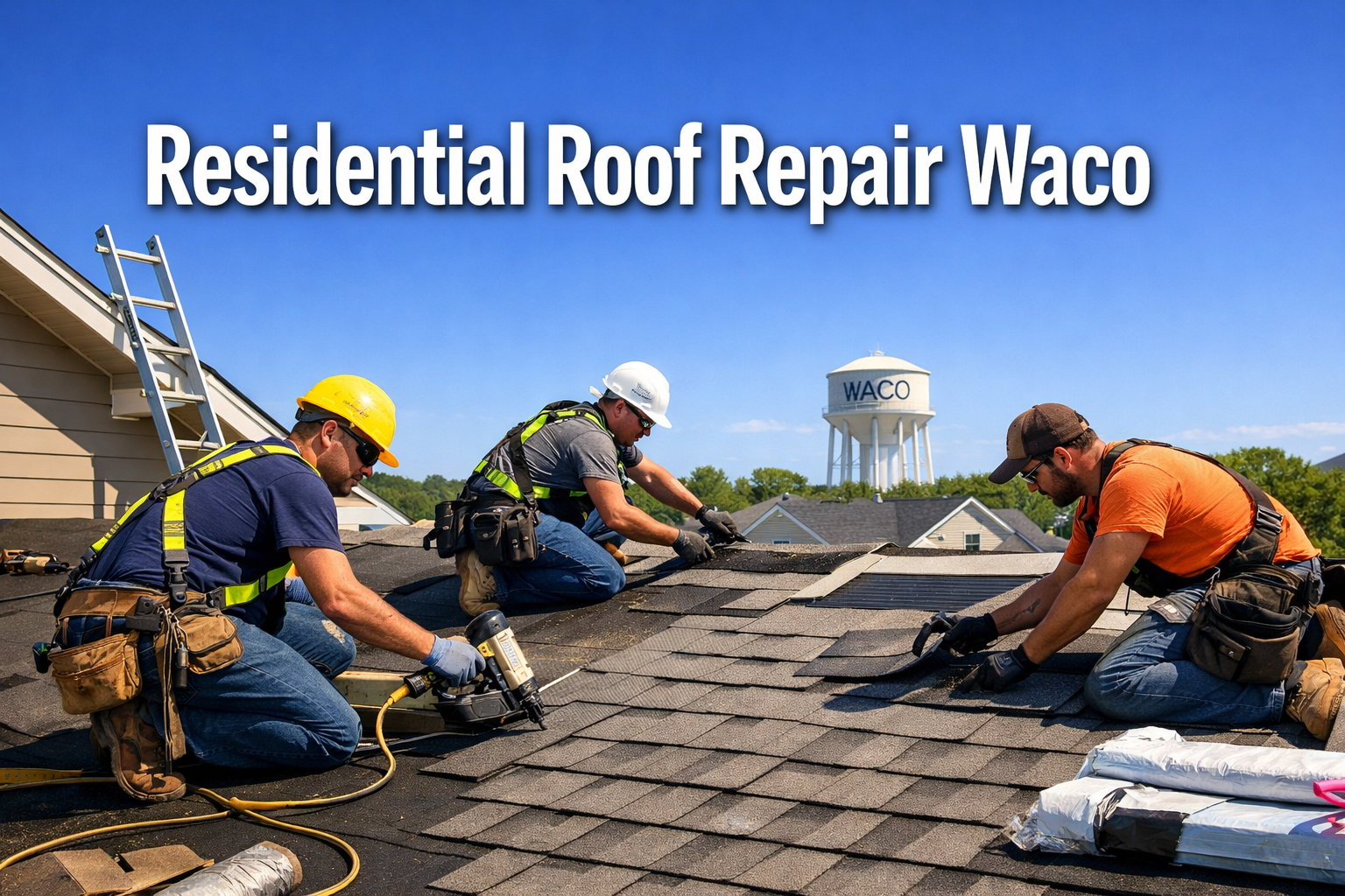Professional landscape hero image (1536x1024) featuring bold text overlay 'Residential Roof Repair Waco' in extra large 72pt white sans-seri