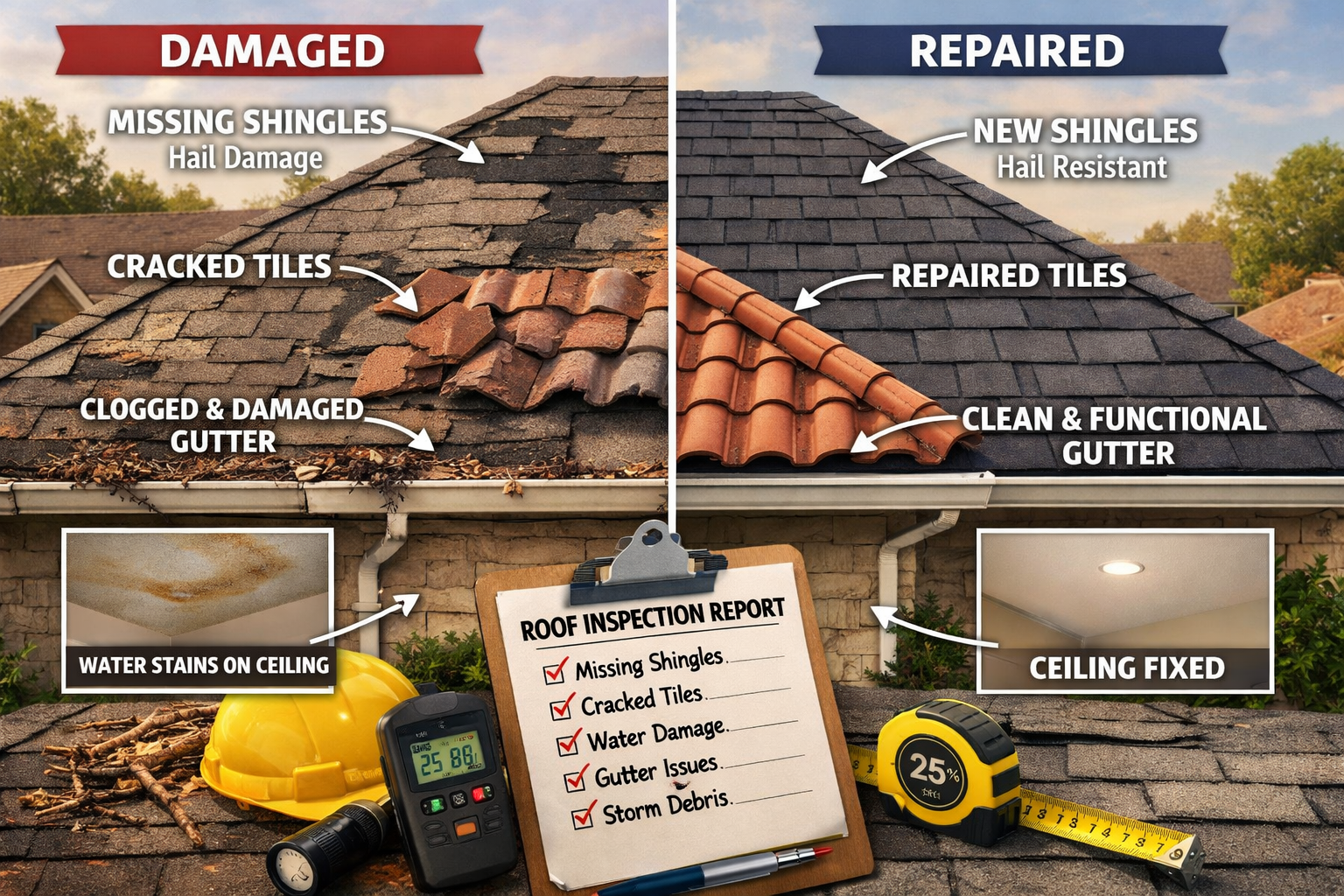 Detailed landscape image (1536x1024) showing various types of roof damage in Waco residential homes: missing shingles from hail damage, crac