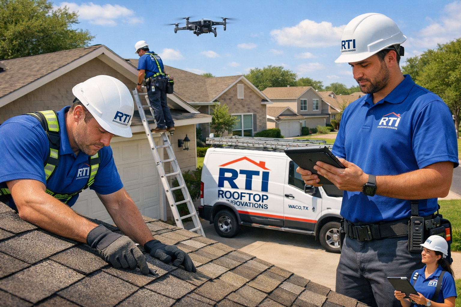 Professional landscape image (1536x1024) depicting Rooftop Innovations team conducting thorough roof inspection in Waco neighborhood. Unifor