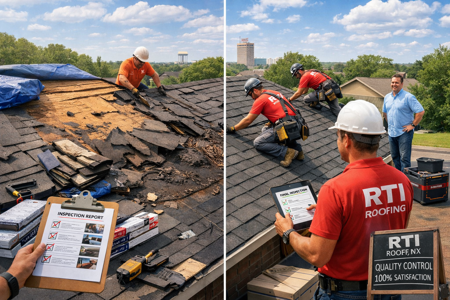 Landscape image (1536x1024) showcasing comprehensive roof repair process in Waco residential setting. Before-and-after transformation split 