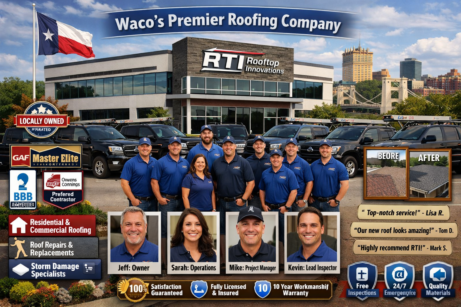 Professional landscape image (1536x1024) featuring Rooftop Innovations as Waco's premier roofing company. Modern office building with RTI si