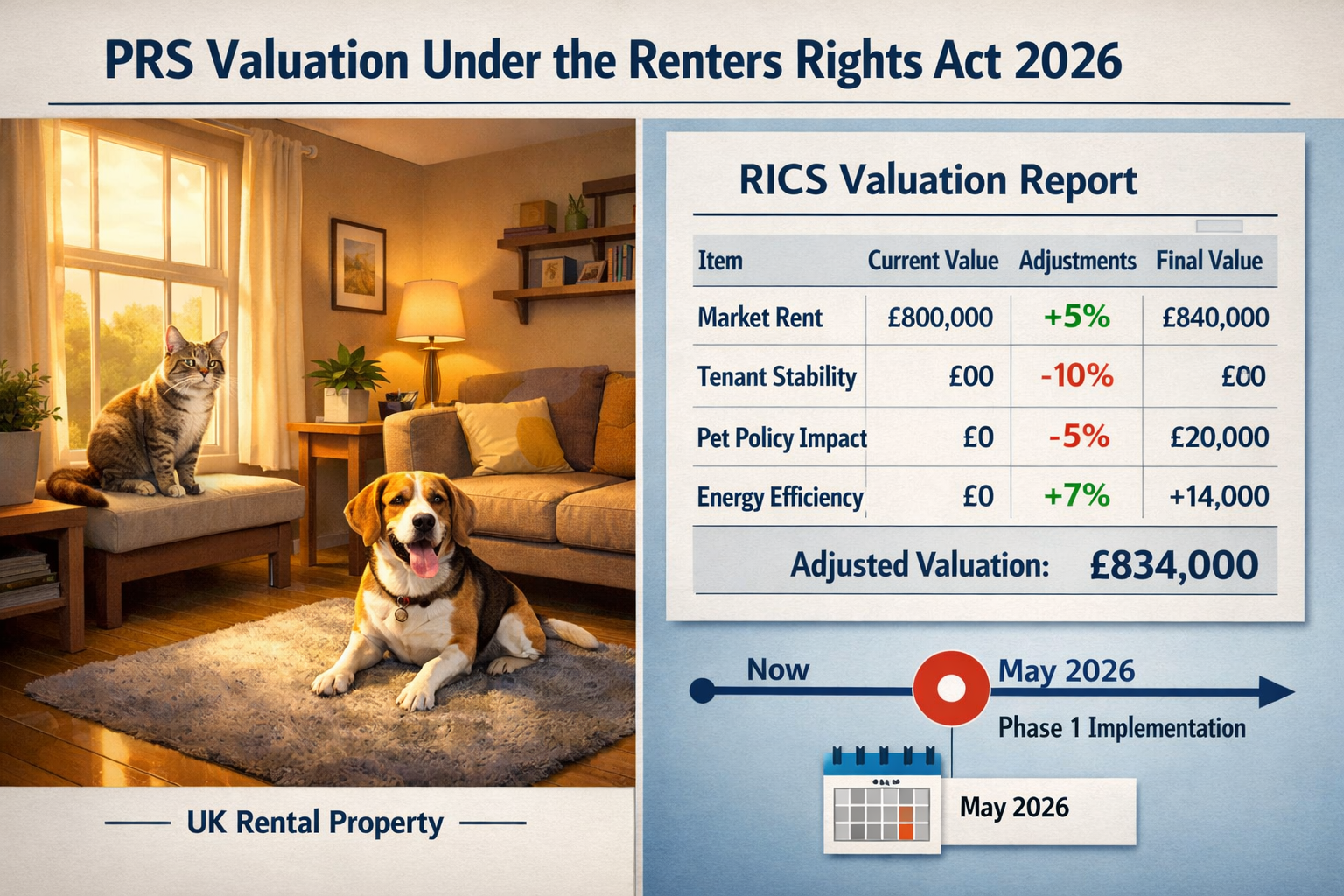 Detailed () infographic-style image showing a split-scene: left side depicts a UK rental property with a cat and dog inside,