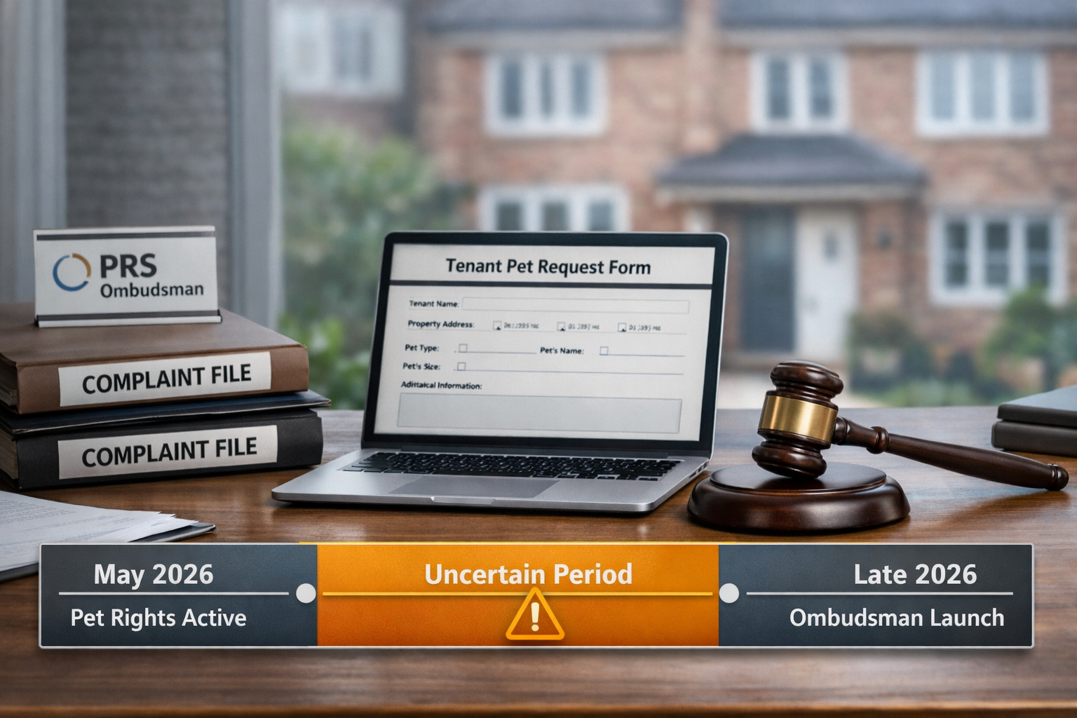 Detailed () showing a formal UK dispute resolution setting: a PRS Ombudsman office desk with complaint files, a gavel, and a