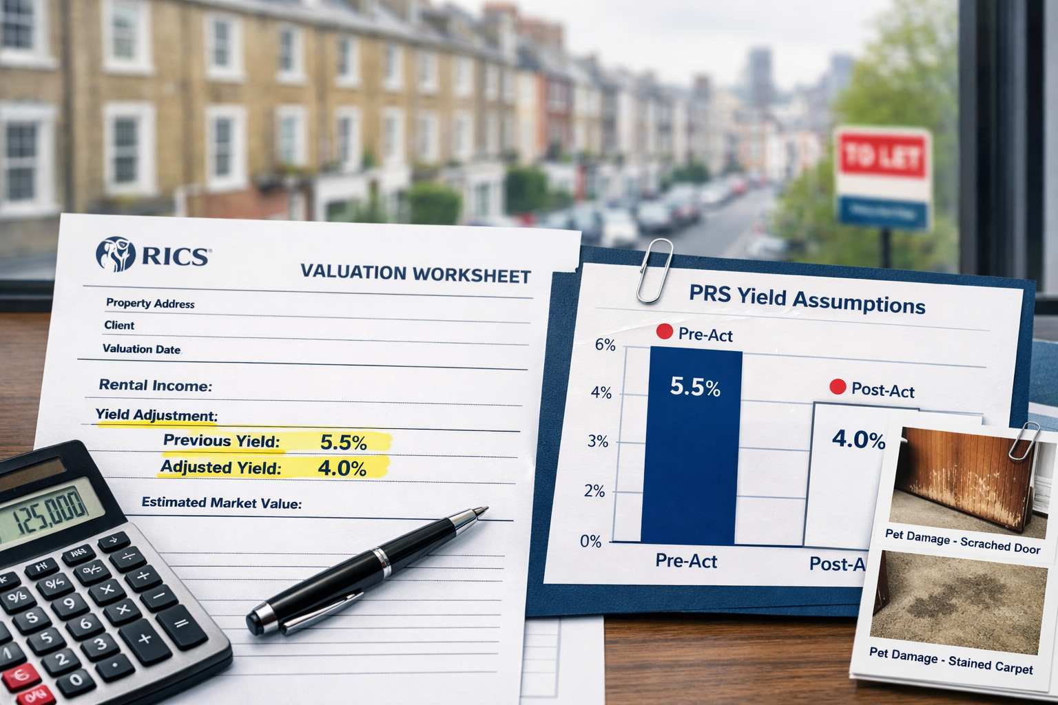 Detailed () showing a RICS-branded valuation worksheet on a desk with a calculator, pen, and highlighted yield adjustment