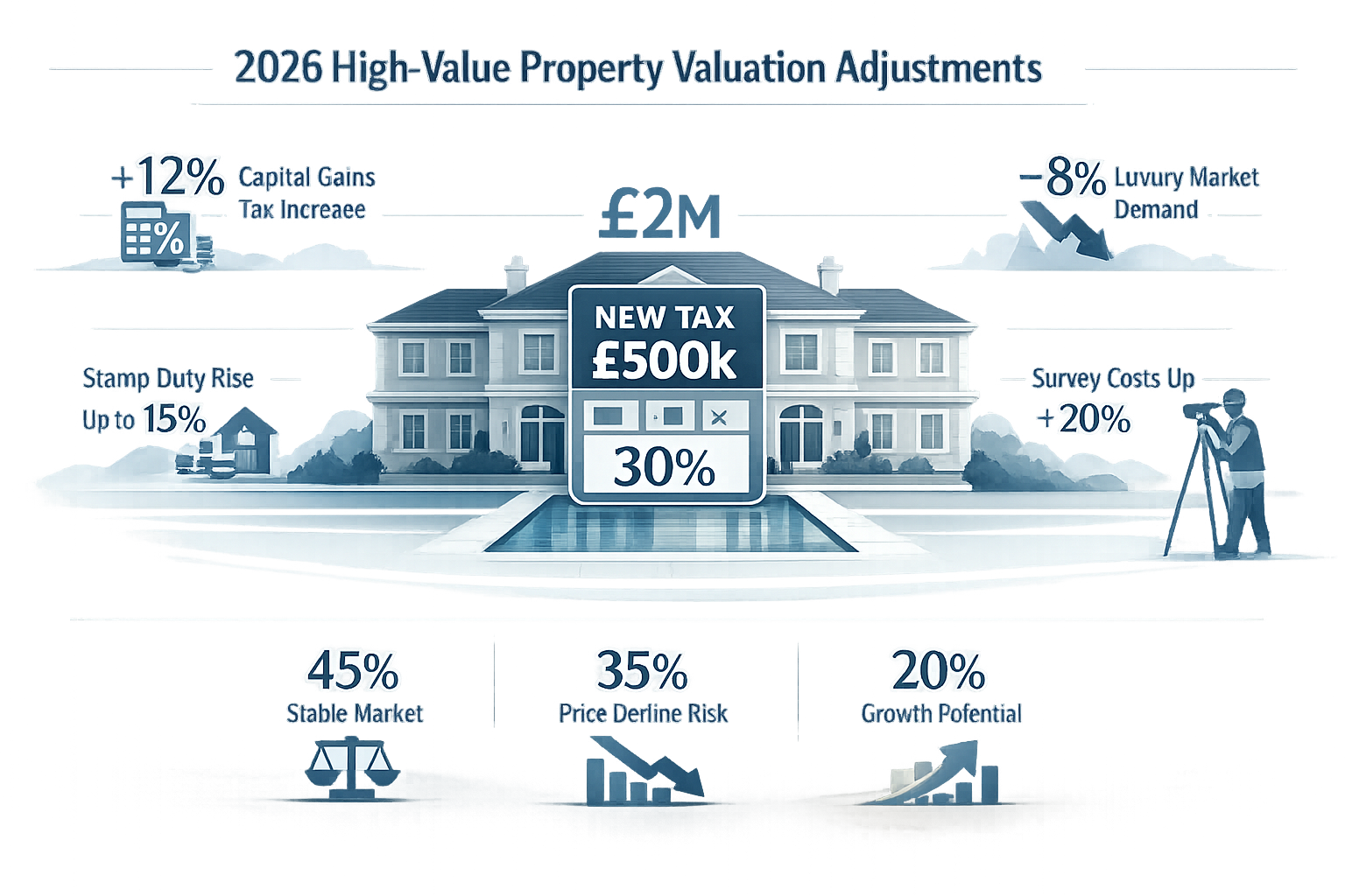 Elegant infographic summarizing 2026 High-Value Property Valuation Adjustments, featuring a minimalist landscape layout with