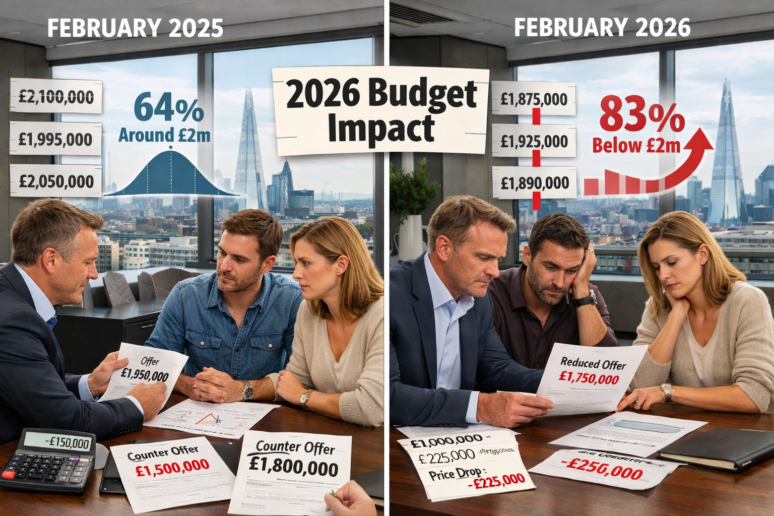 Detailed () split-screen composition showing market behavior shift: left side displays February 2025 property negotiation