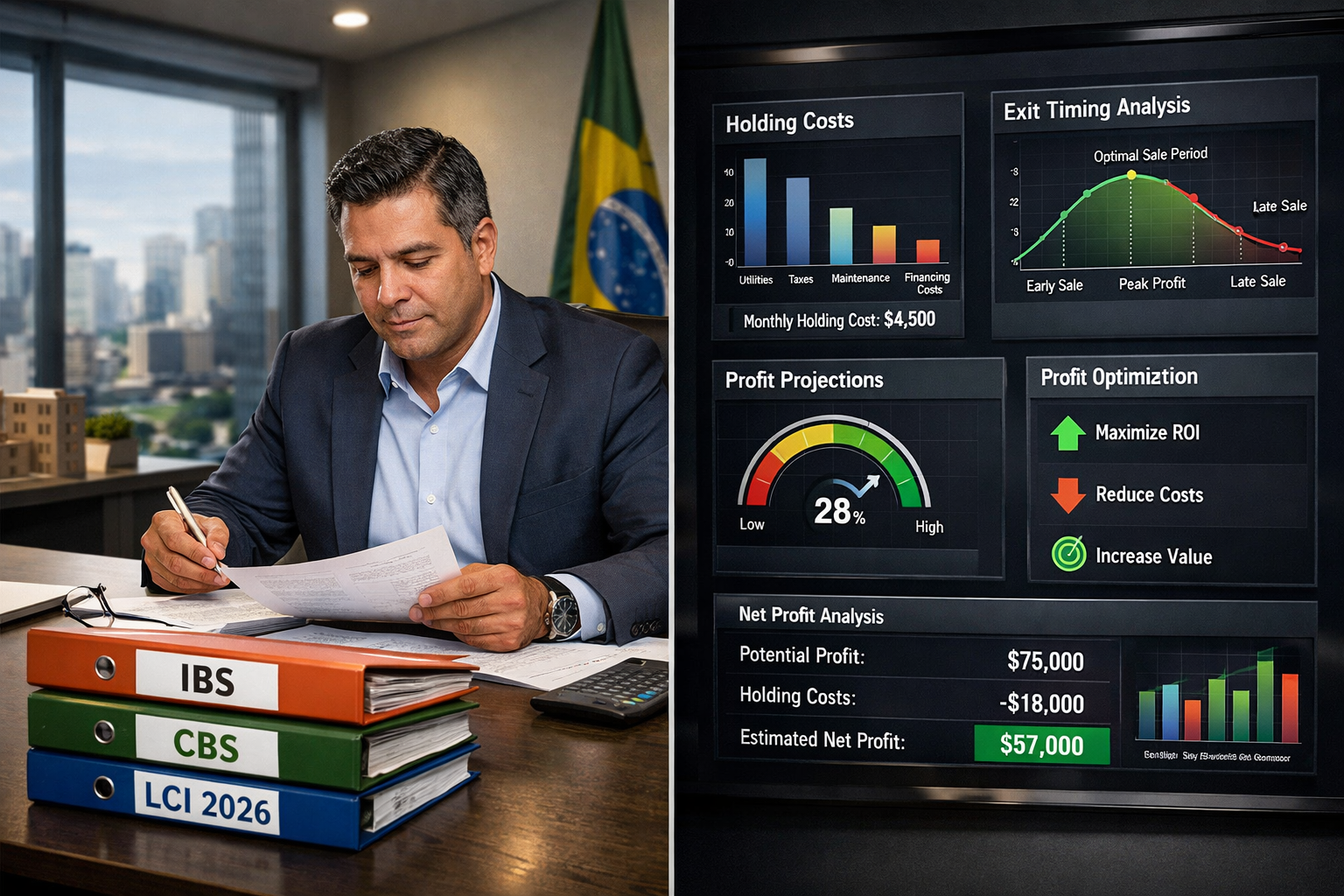 () split-scene image: left side shows a Brazilian property developer at a modern desk reviewing legal documents and tax