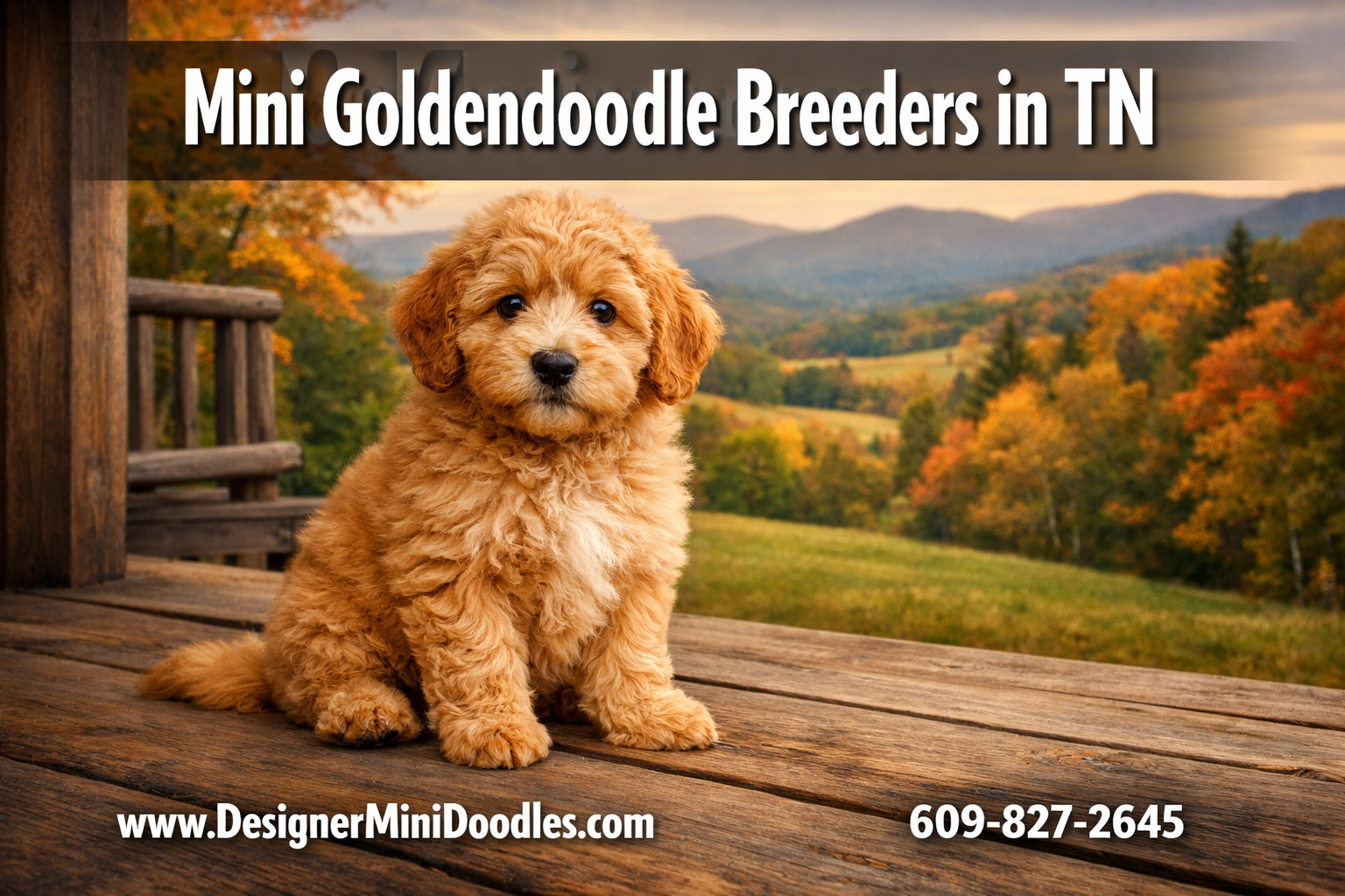 Professional () hero image with : 'Mini Goldendoodle Breeders in TN' in extra large white with deep effect, centered upper