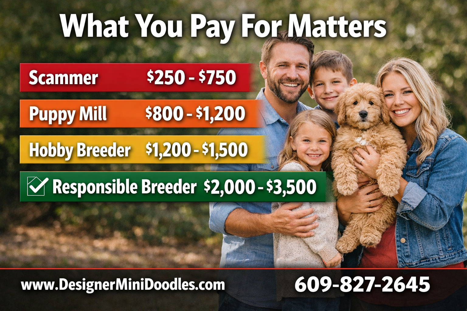 () professional price comparison bar chart infographic showing four price tiers: Scammer $250-$750 in red, Puppy Mill