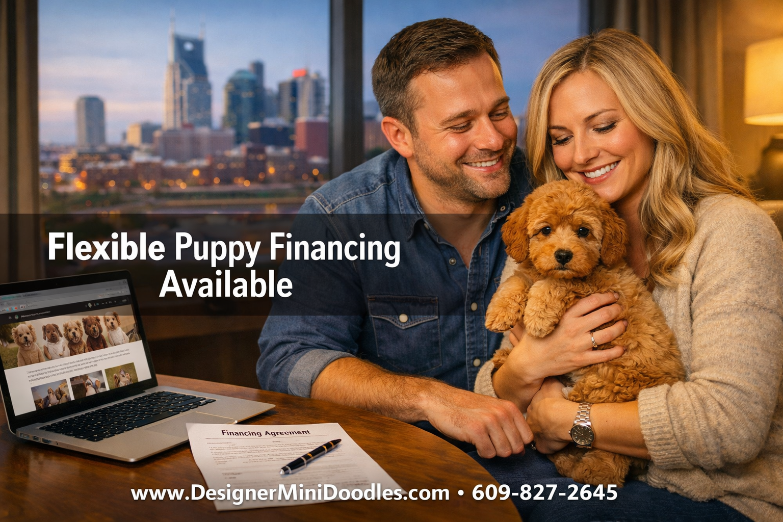 () professional editorial image showing a smiling couple in Nashville Tennessee holding a small apricot mini goldendoodle