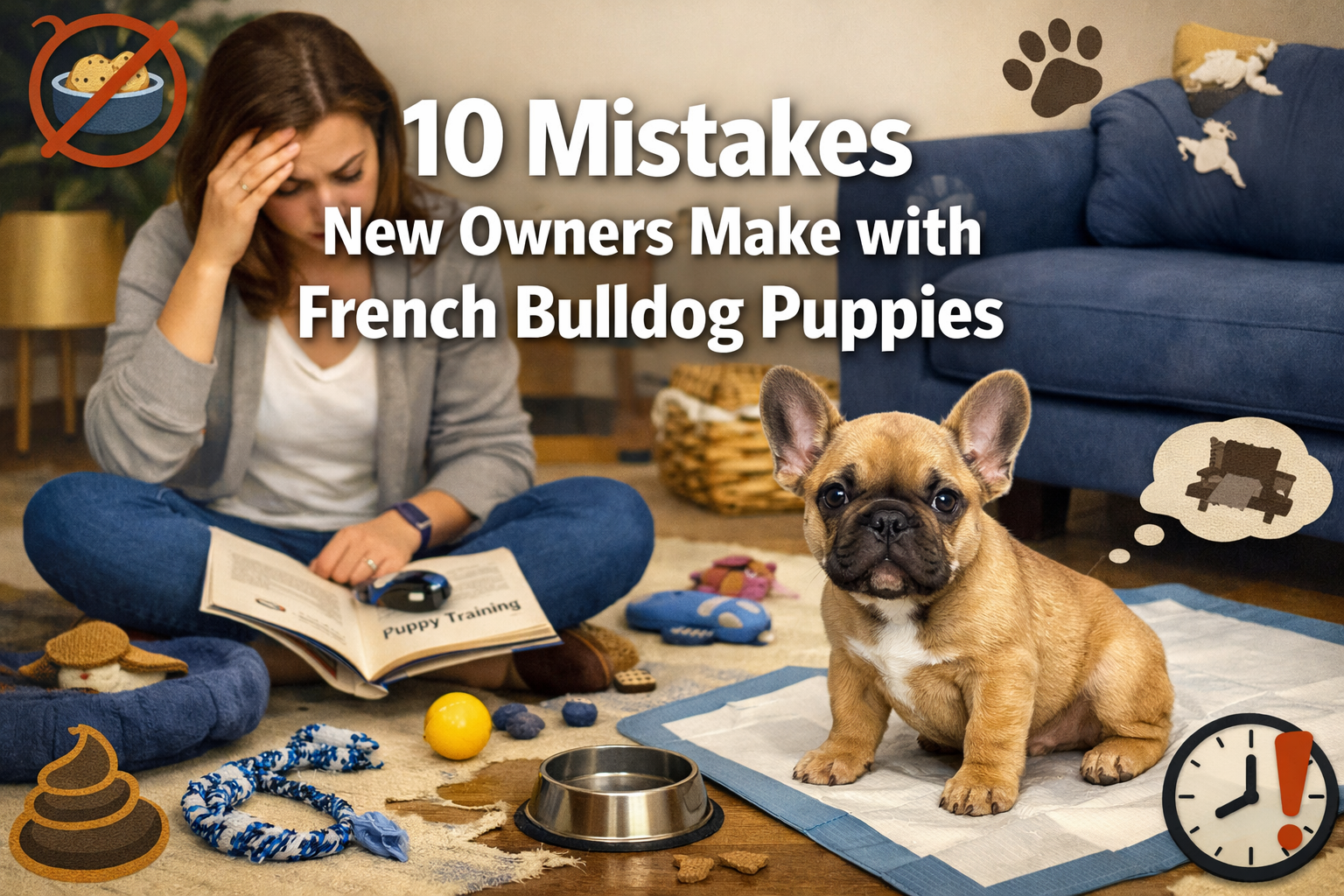 Professional landscape format (1536x1024) hero image featuring bold text overlay '10 Mistakes New Owners Make with French Bulldog Puppies' i