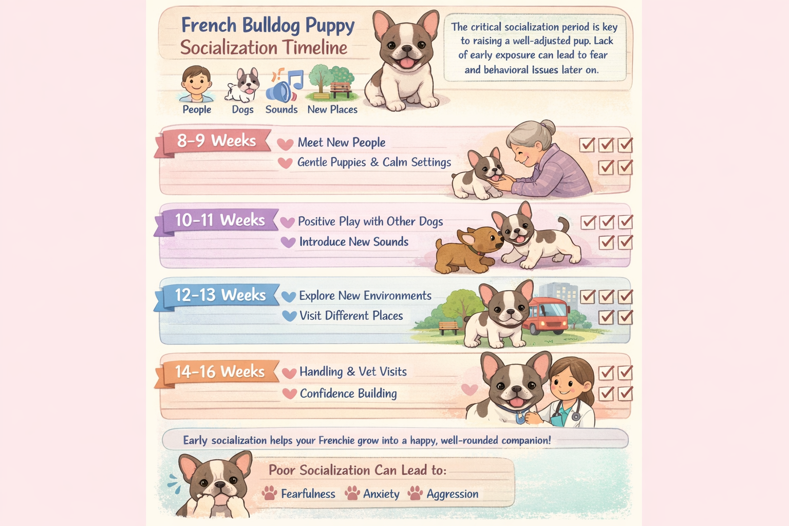Portrait format (1024x1536) infographic showing French Bulldog puppy socialization timeline with cute Frenchie illustrations, age milestones