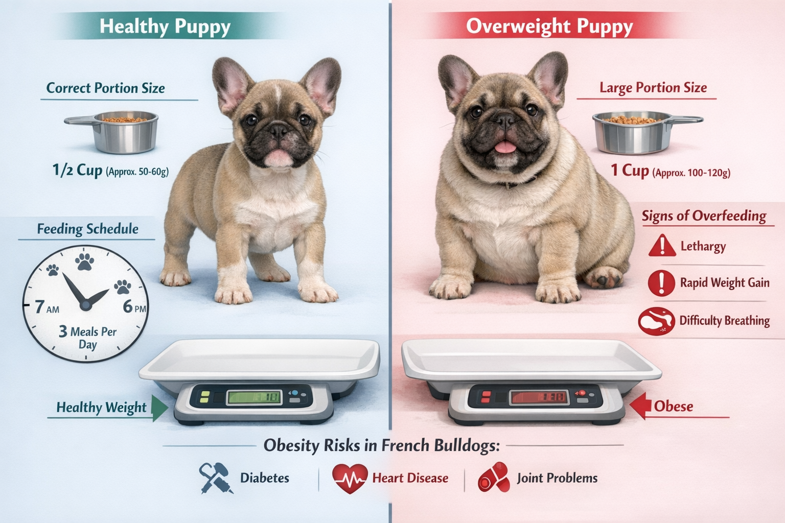 Detailed portrait format (1024x1536) split-screen comparison image showing healthy vs overweight French Bulldog puppies, proper portion size