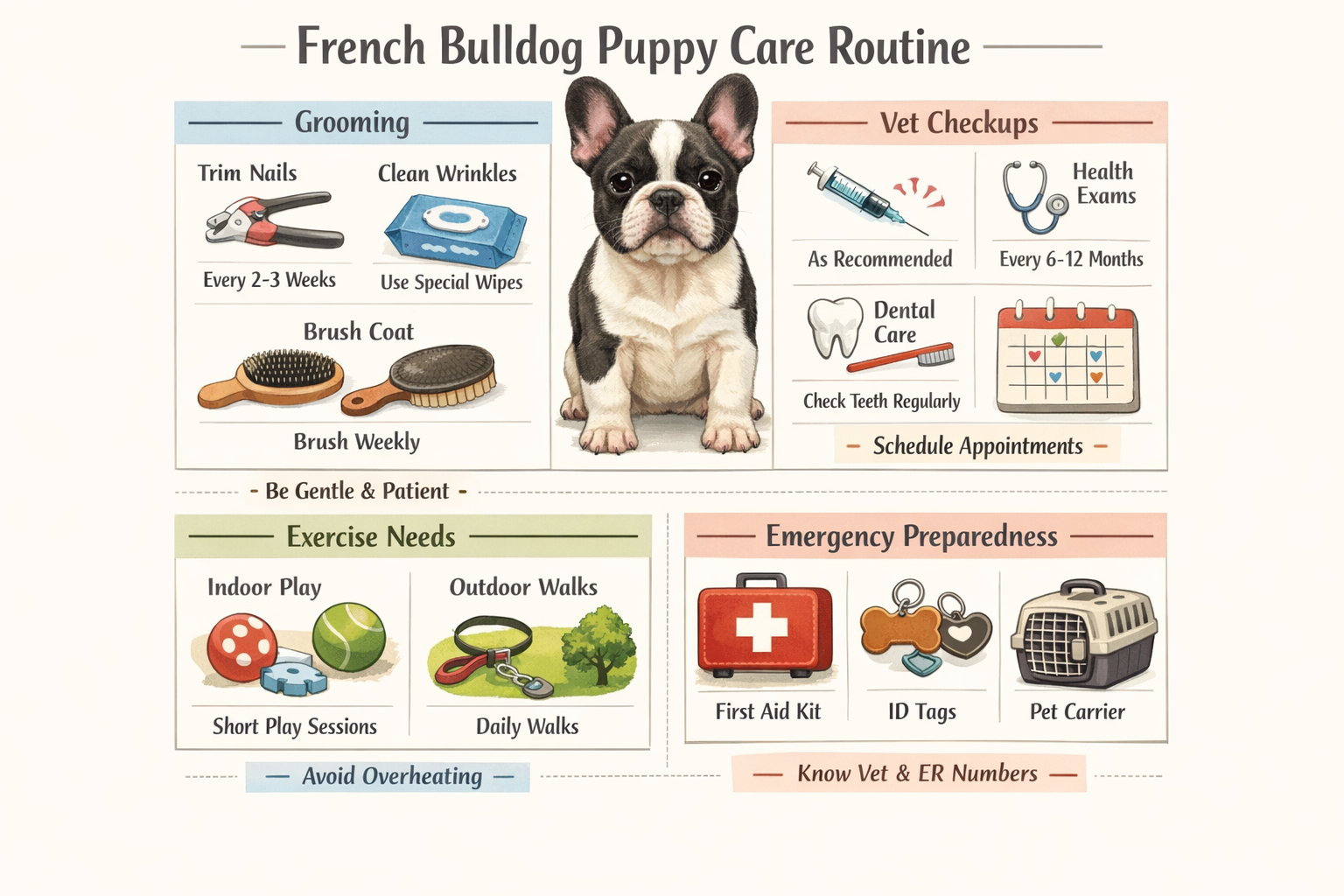 Professional portrait format (1024x1536) French Bulldog puppy care routine infographic featuring grooming tools (nail clippers, wrinkle wipe