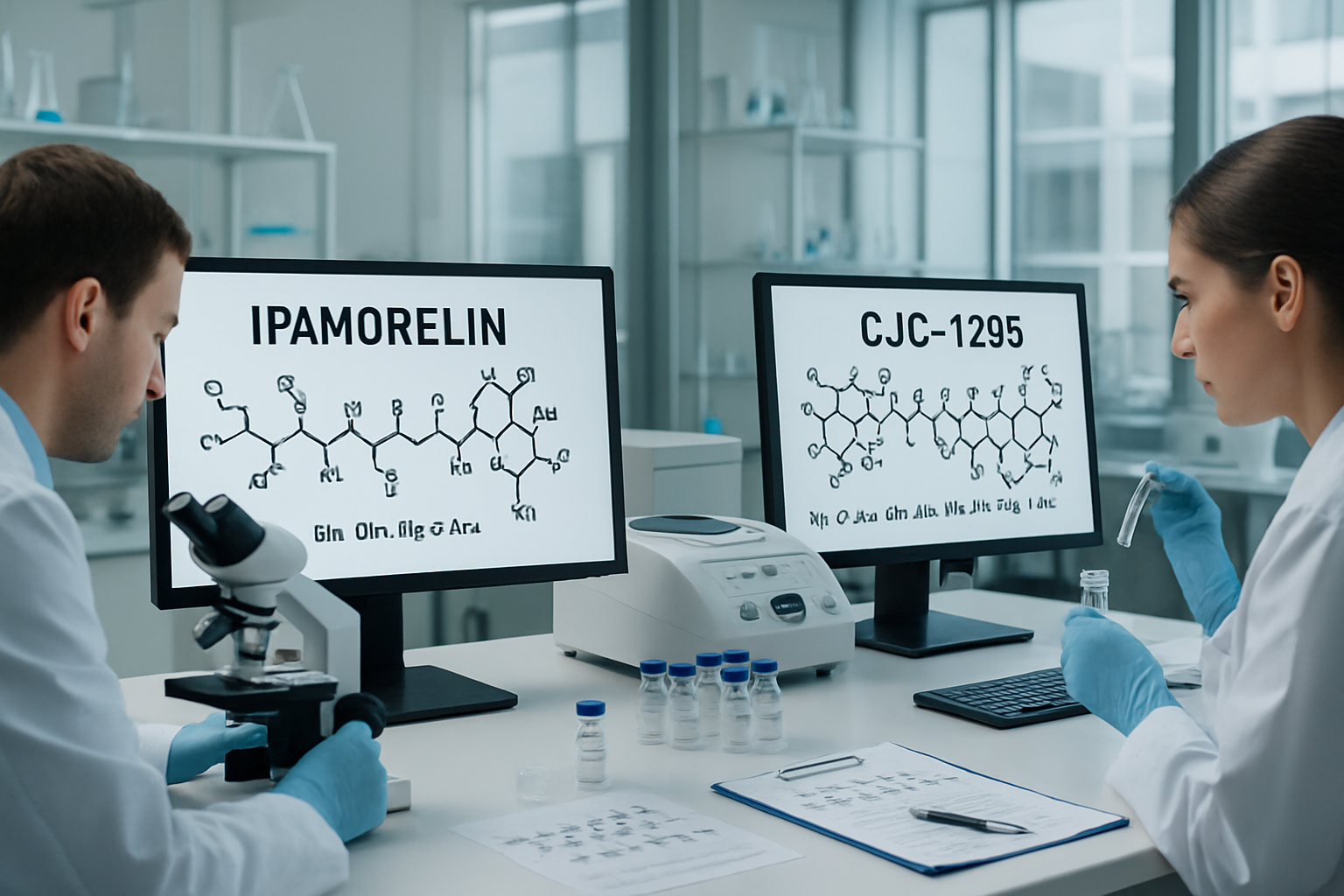 Laboratory research setting showing molecular structure diagrams of ipamorelin and CJC-1295 peptides on computer screens, scientific equipme