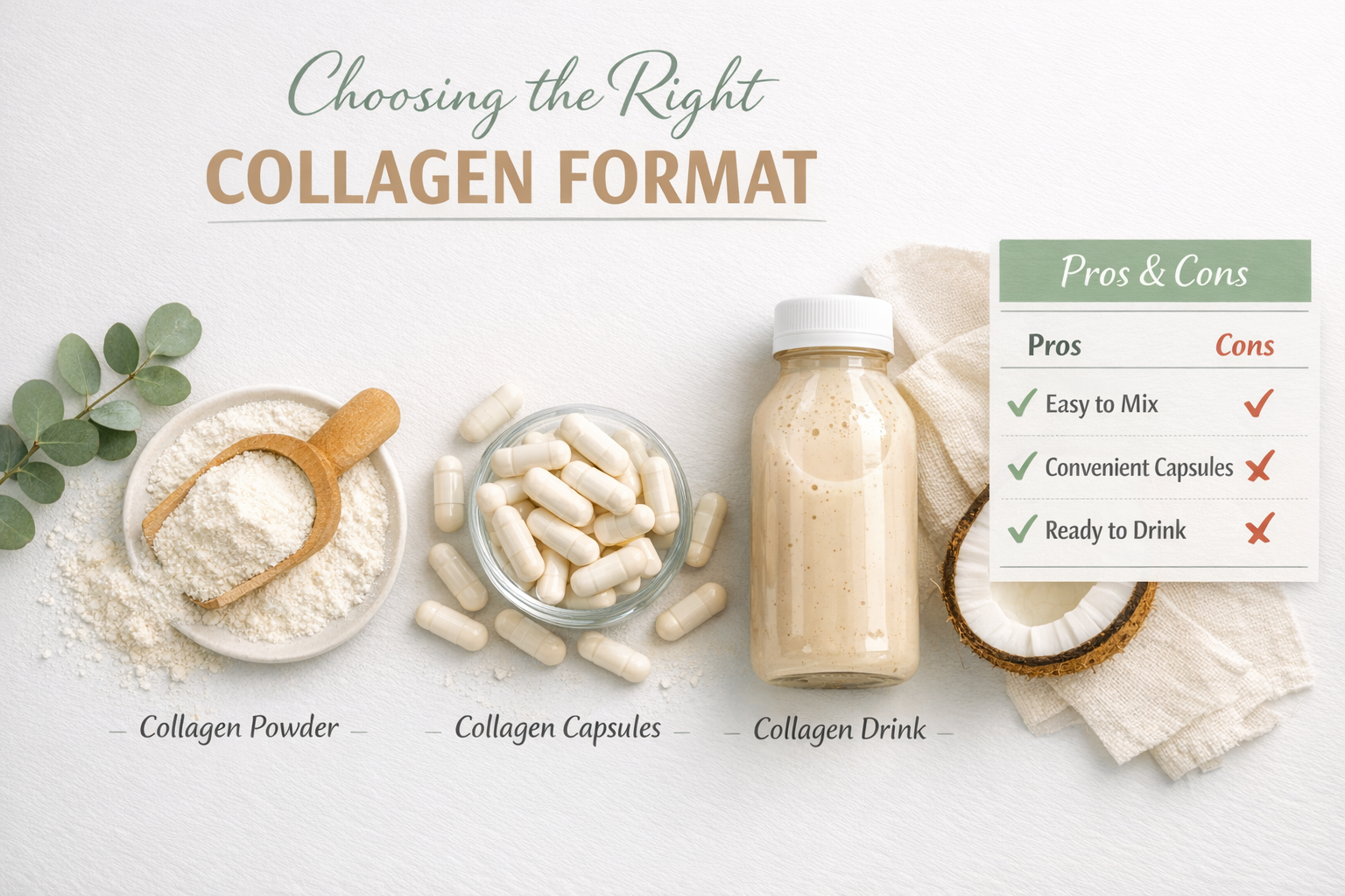 Detailed () product comparison flat-lay photograph showing multiple collagen supplement formats — powder in a scoop,