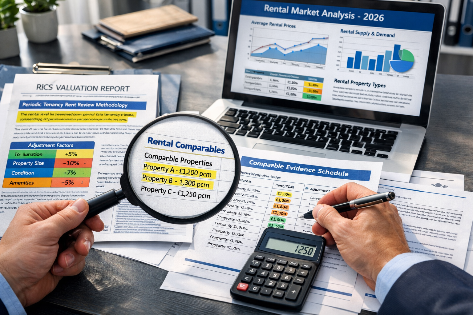 () editorial image showing detailed RICS valuation report documents spread across modern desk with highlighted sections on