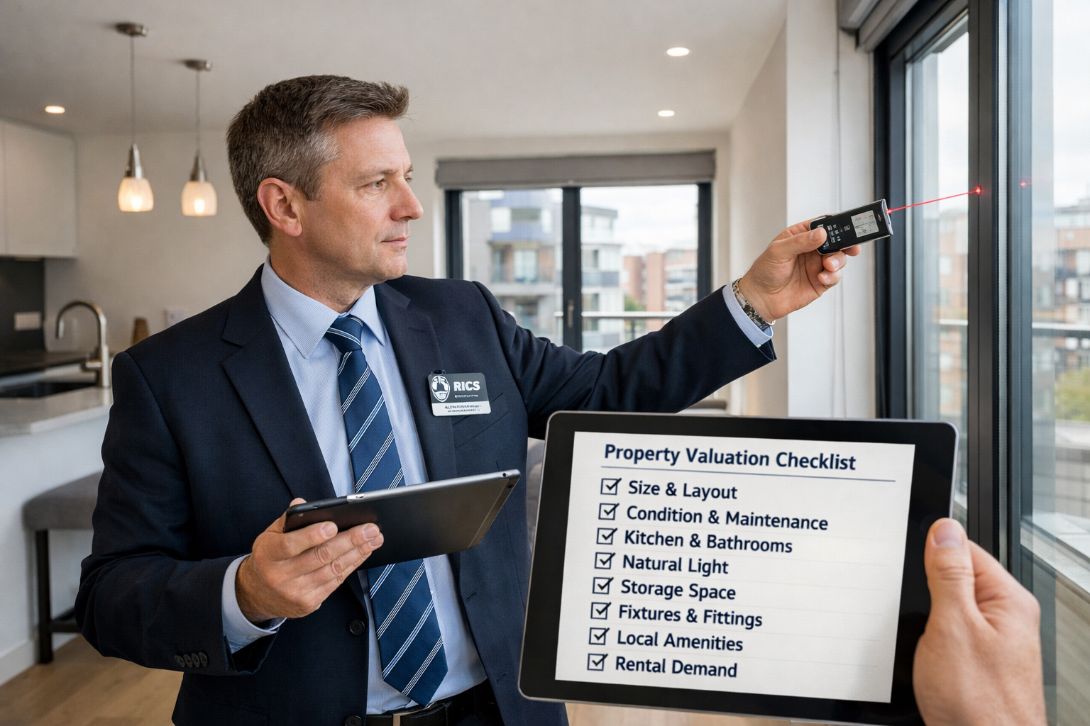 () professional photograph of RICS chartered surveyor conducting on-site property inspection for rent review valuation,