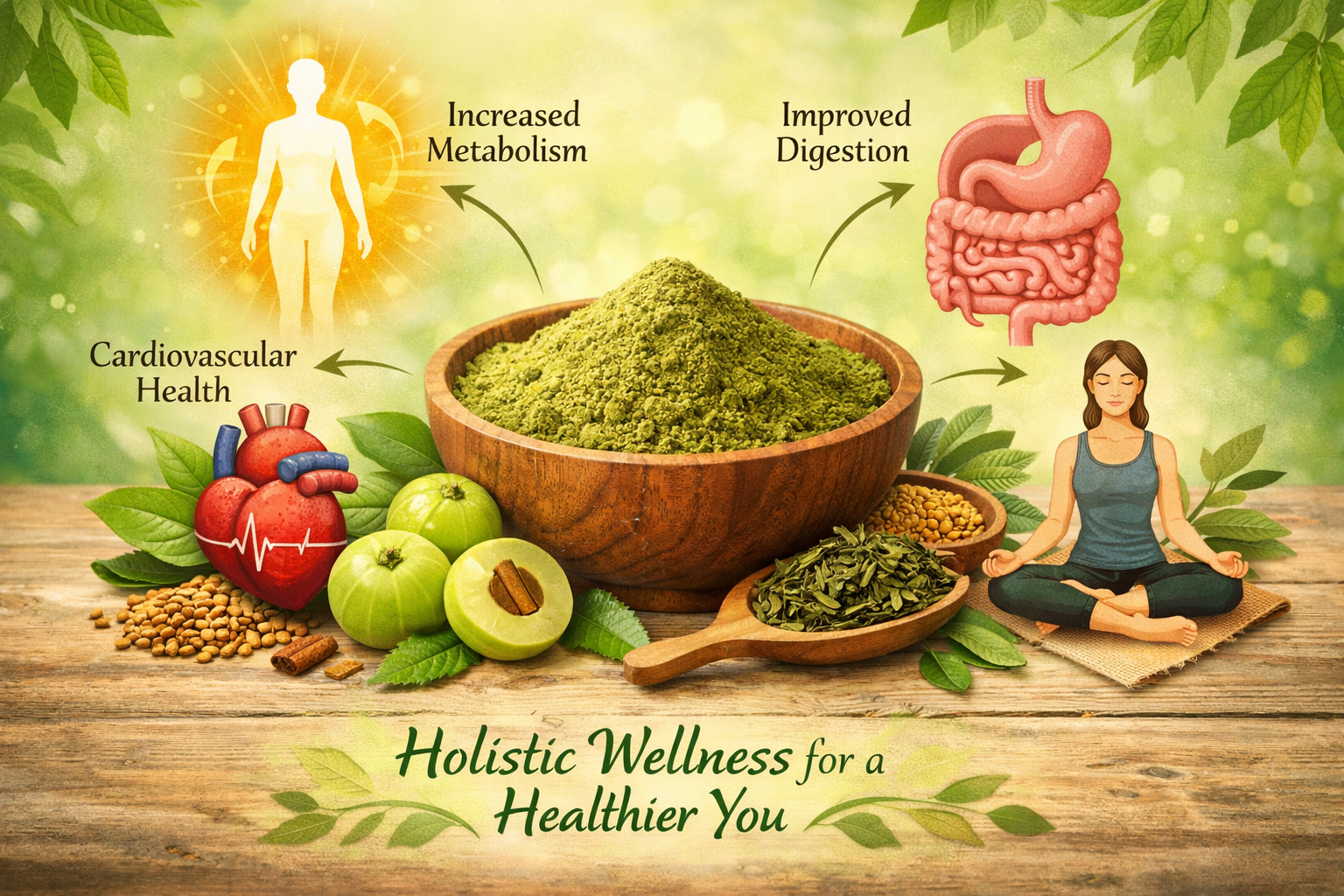 Landscape format (1536x1024) image illustrating the multifaceted benefits of herbal weight loss powders. The central focus is a vibrant, nat