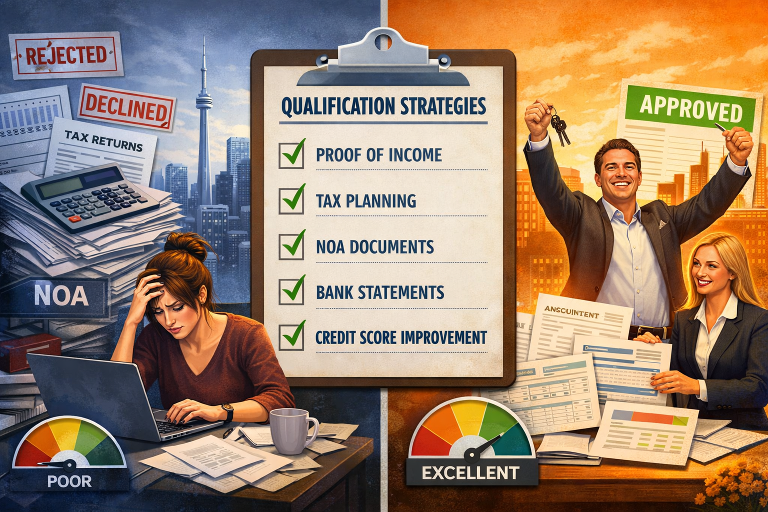 () conceptual split-screen illustration showing self-employed borrower challenges. Left side: rejected application stamps,