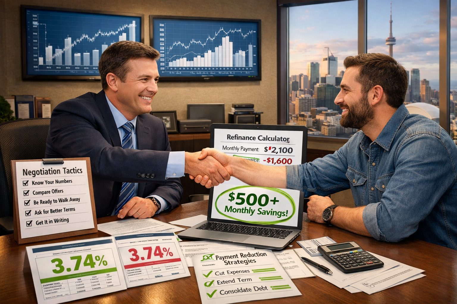 () strategic planning scene showing mortgage broker meeting with self-employed client across desk covered with multiple