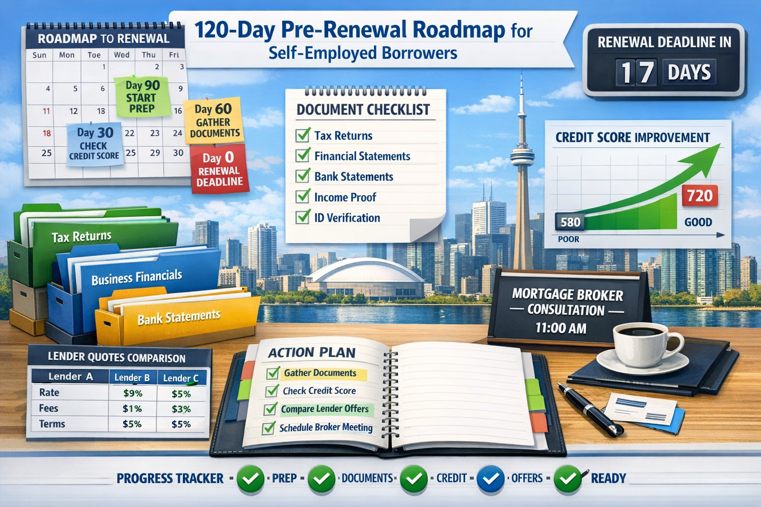 () action-oriented timeline infographic showing 120-day pre-renewal preparation roadmap for self-employed borrowers. Visual