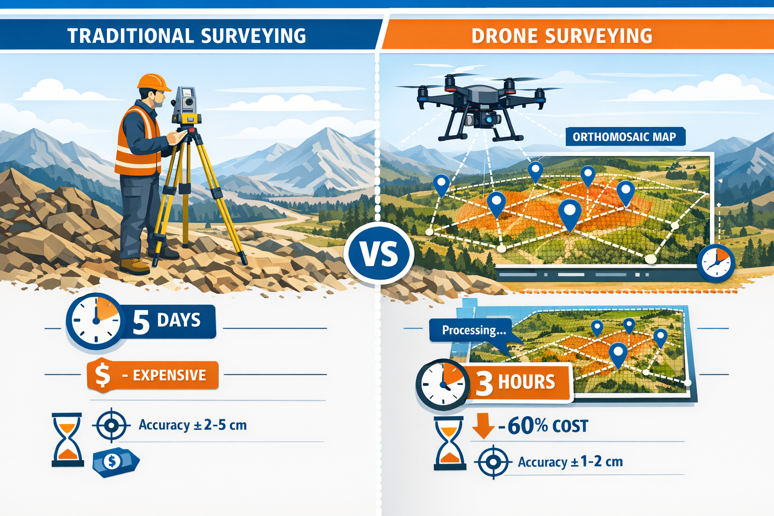 Landscape format (1536x1024) detailed technical illustration showing side-by-side comparison of traditional surveying methods versus drone s