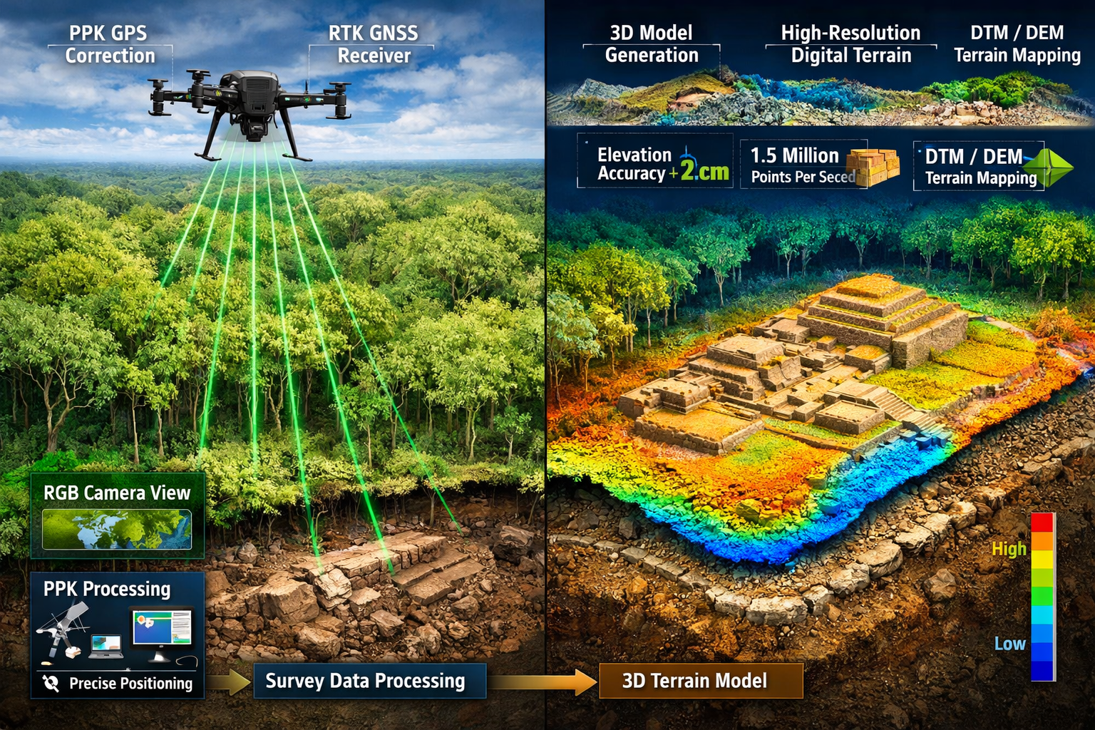Landscape format (1536x1024) detailed visualization of LiDAR drone technology in action showing cross-section view of terrain penetration. D