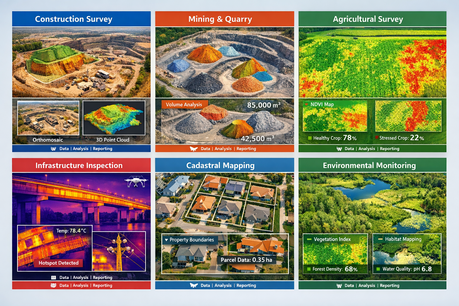 Landscape format (1536x1024) comprehensive industry application showcase displaying six distinct drone surveying use cases in grid layout. P