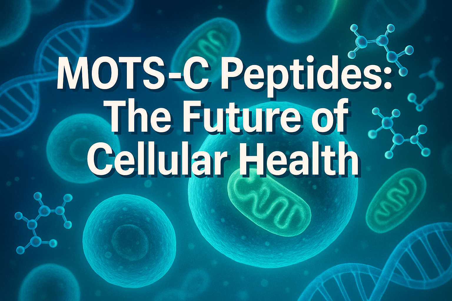 Professional landscape hero image (1536x1024) featuring bold text overlay 'MOTS-C Peptides: The Future of Cellular Health' in extra large 72