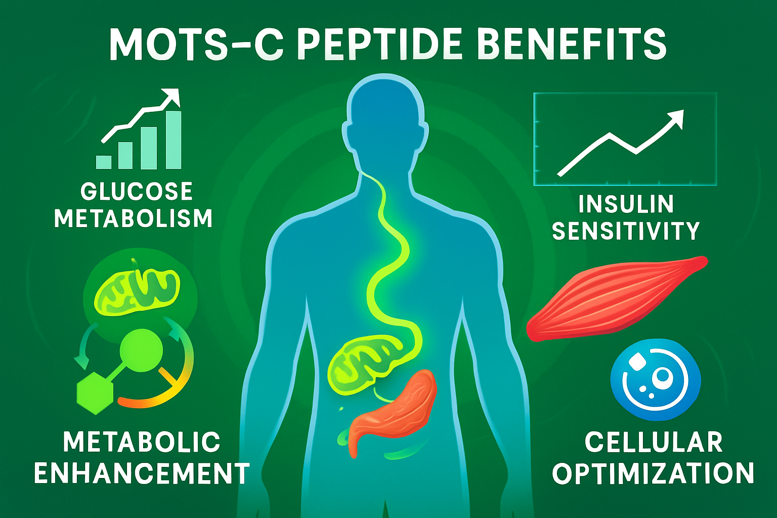 Professional infographic-style landscape image (1536x1024) depicting MOTS-C peptide benefits with human silhouette showing metabolic pathway