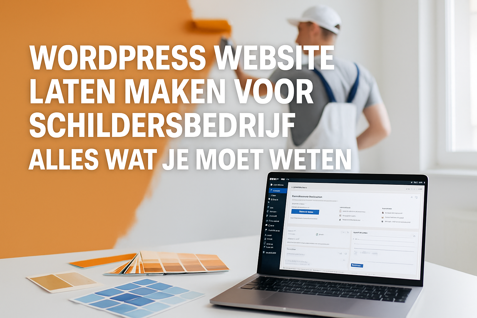 Professional landscape hero image (1536x1024) featuring bold white text overlay 'WordPress Website Laten Maken voor Schildersbedrijf - Alles