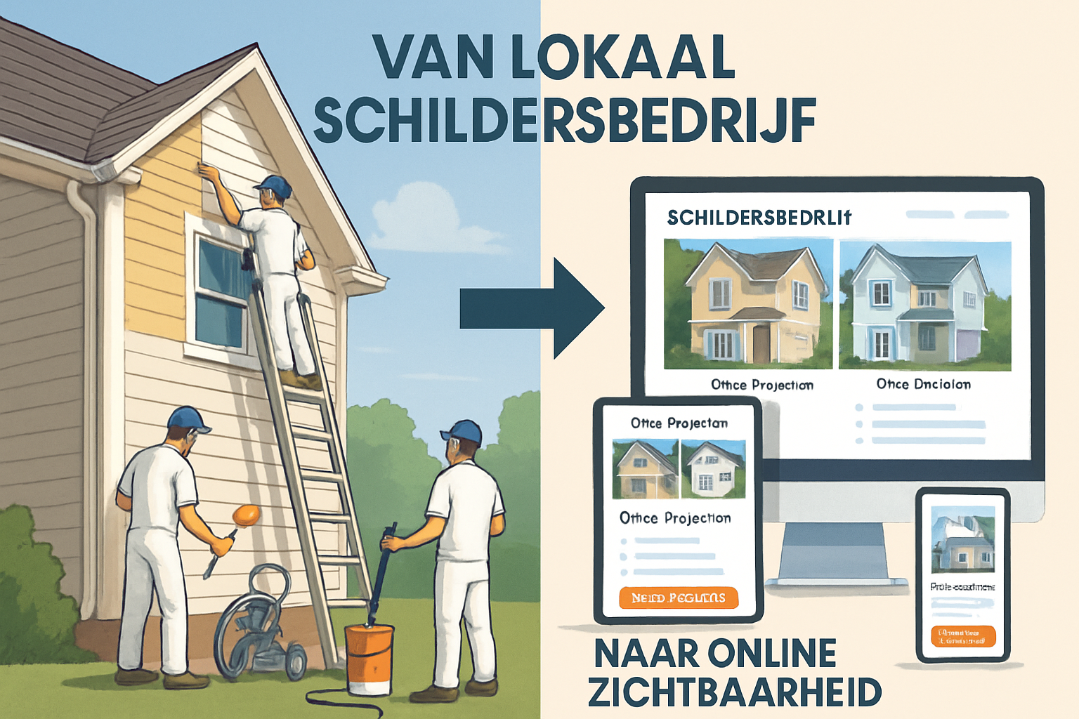 Detailed landscape image (1536x1024) showing split-screen composition: left side displays professional painting crew working on residential 